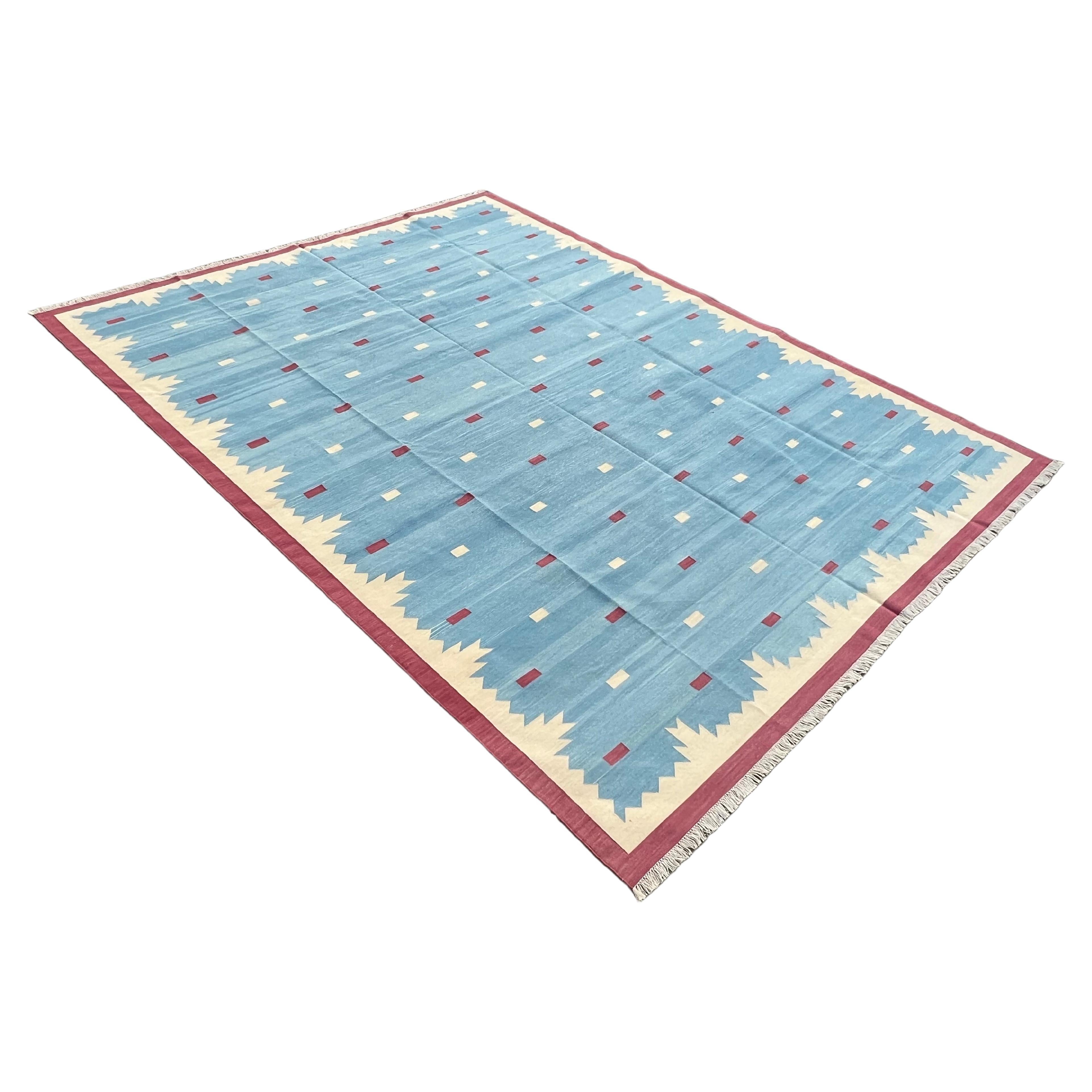 Handmade Cotton Area Flat Weave Rug, Blue And Pink Geometric Indian Dhurrie Rug For Sale