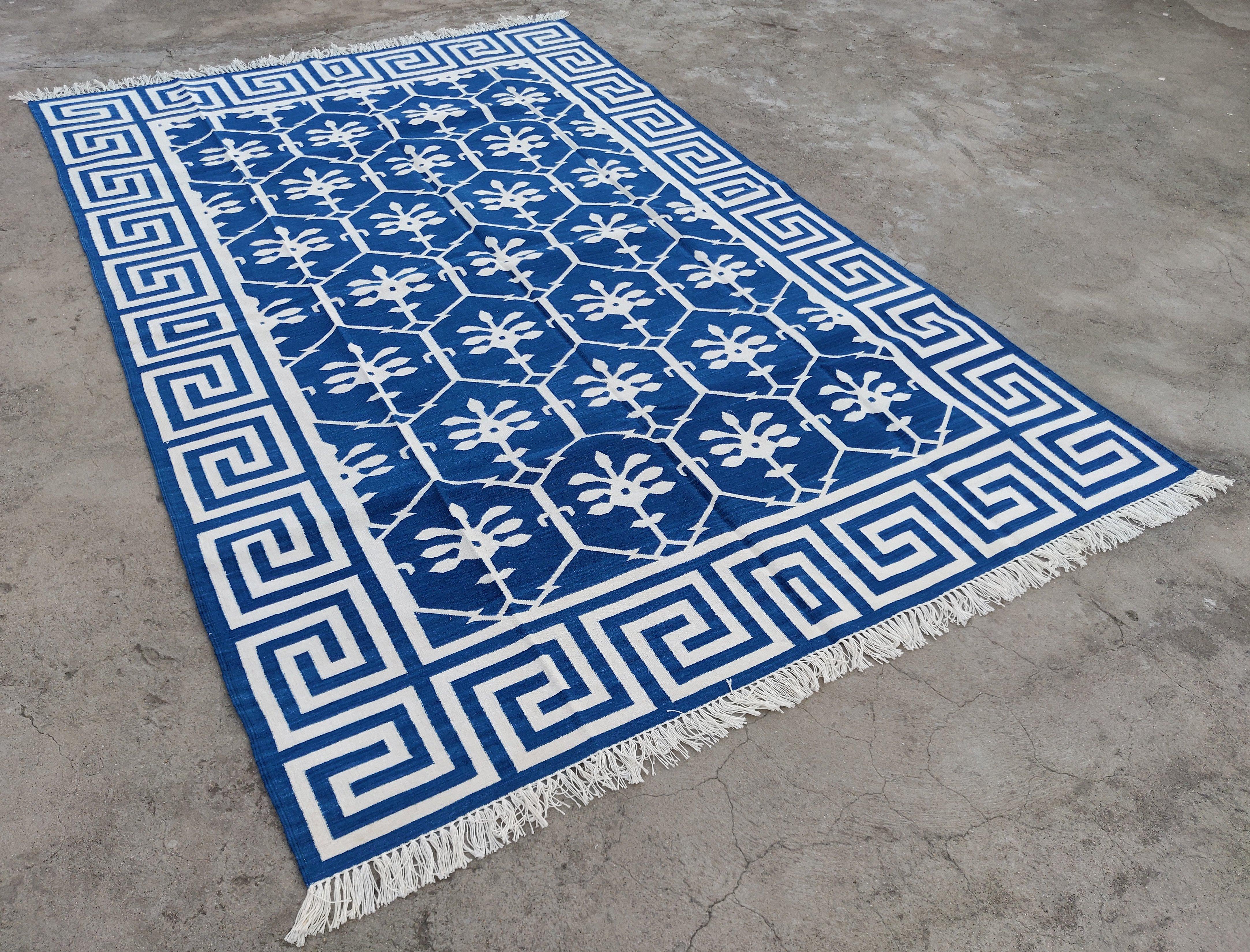 Cotton Vegetable Dyed Reversible Indigo Blue And White Geometric Baroda Patterned Flower Indian Rug - 6'x9'
These special flat-weave dhurries are hand-woven with 15 ply 100% cotton yarn. Due to the special manufacturing techniques used to create our