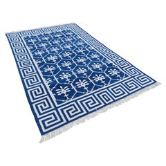 Handmade Cotton Area Flat Weave Rug, Blue And White Flower Indian Dhurrie-6x9