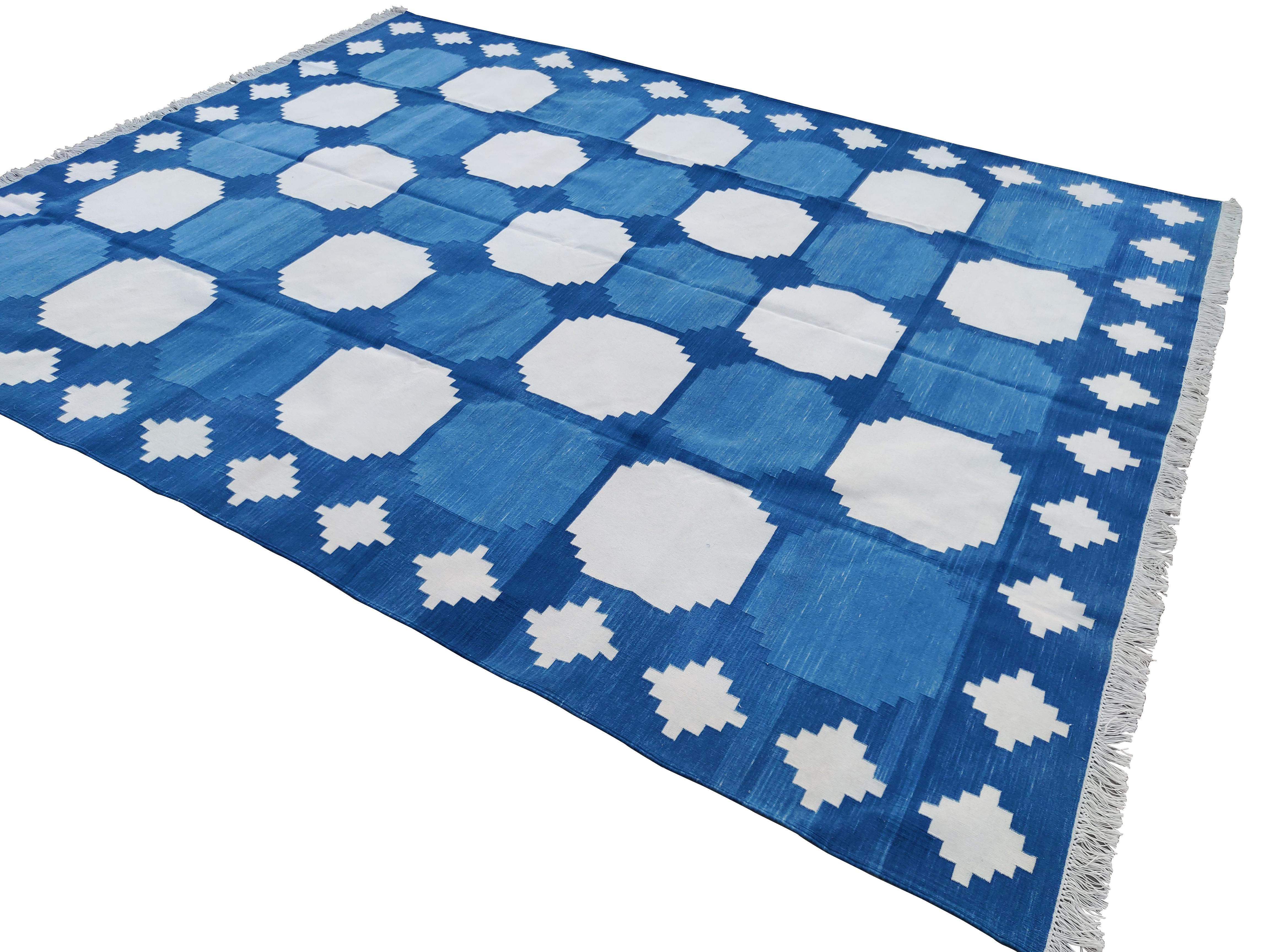 Handmade Cotton Area Flat Weave Rug, Blue And White Geometric Indian Dhurrie-6x9 For Sale 3