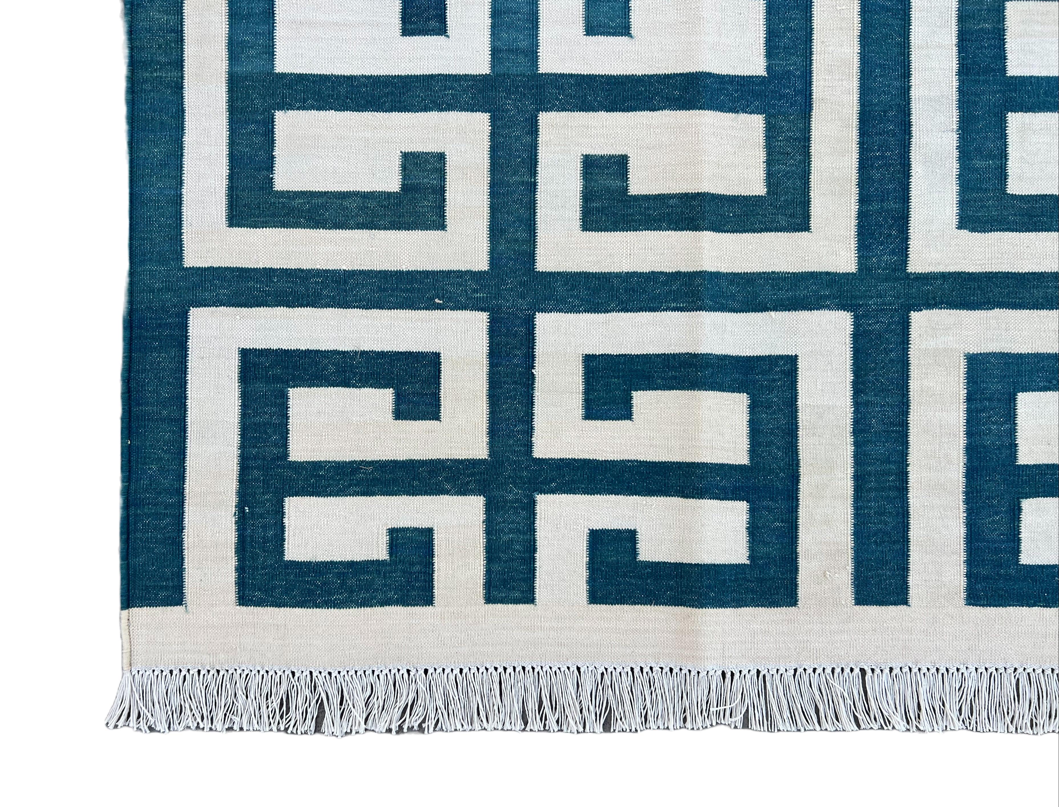 Handmade Cotton Area Flat Weave Rug, Blue And White Geometric Indian Dhurrie Rug For Sale 4