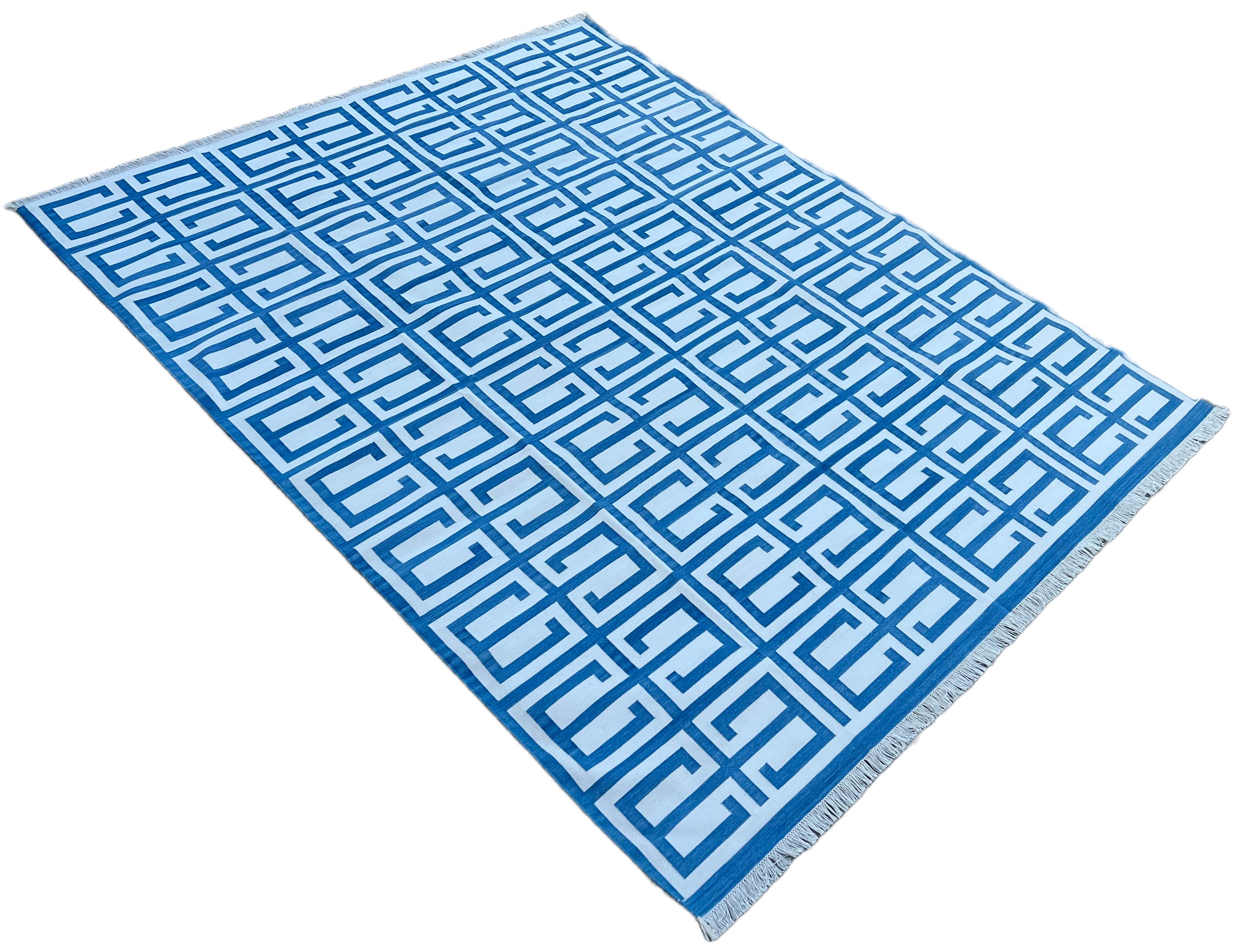 Handmade Cotton Area Flat Weave Rug, Blue And White Geometric Indian Dhurrie Rug For Sale 4