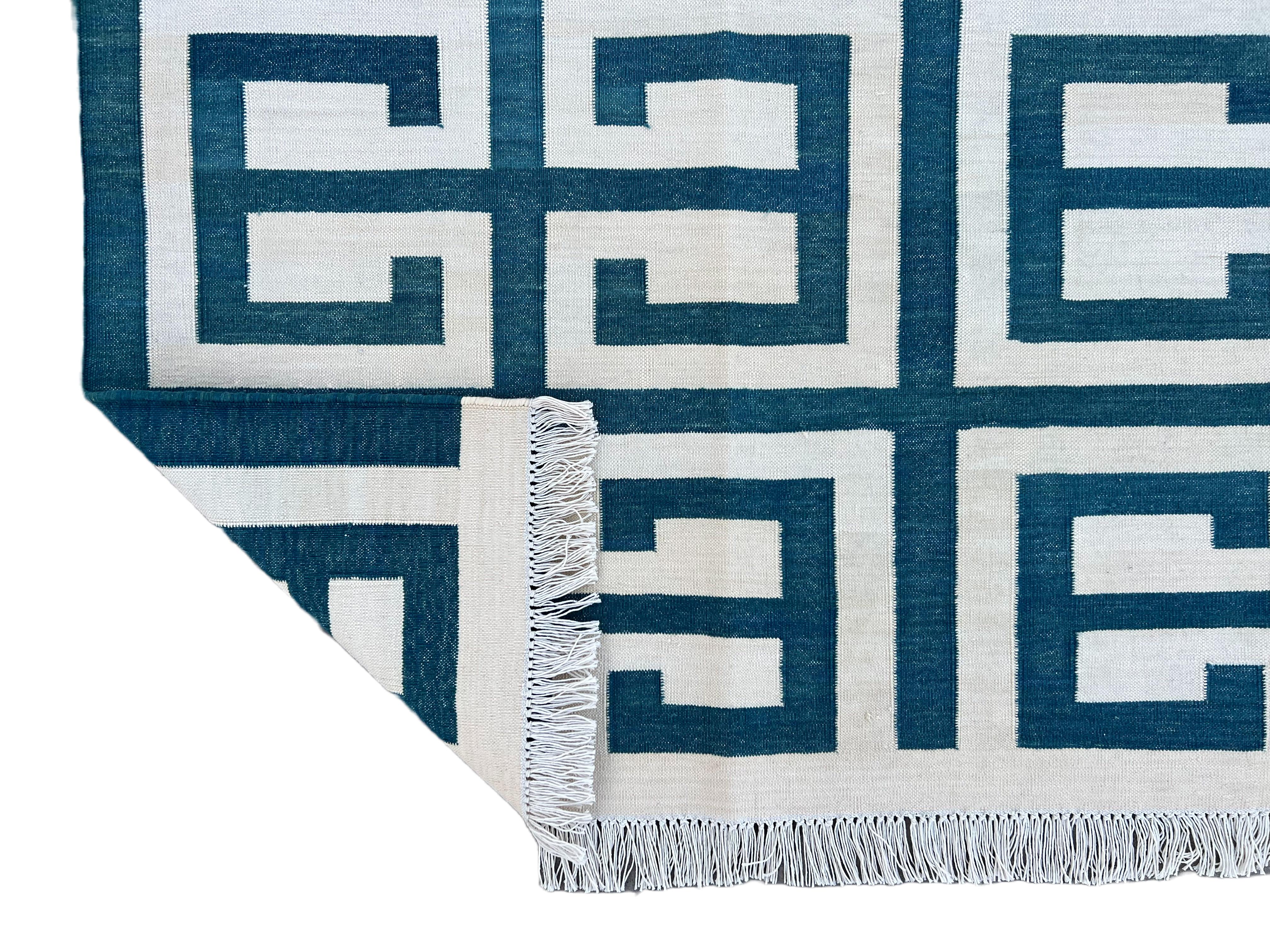 Handmade Cotton Area Flat Weave Rug, Blue And White Geometric Indian Dhurrie Rug For Sale 5