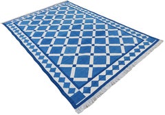 Handmade Cotton Area Flat Weave Rug, Blue And White Geometric Indian Dhurrie Rug