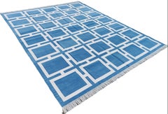Handmade Cotton Area Flat Weave Rug, Blue And White Geometric Indian Dhurrie Rug
