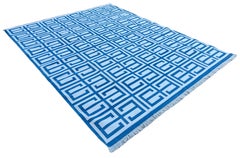 Handmade Cotton Area Flat Weave Rug, Blue And White Geometric Indian Dhurrie Rug
