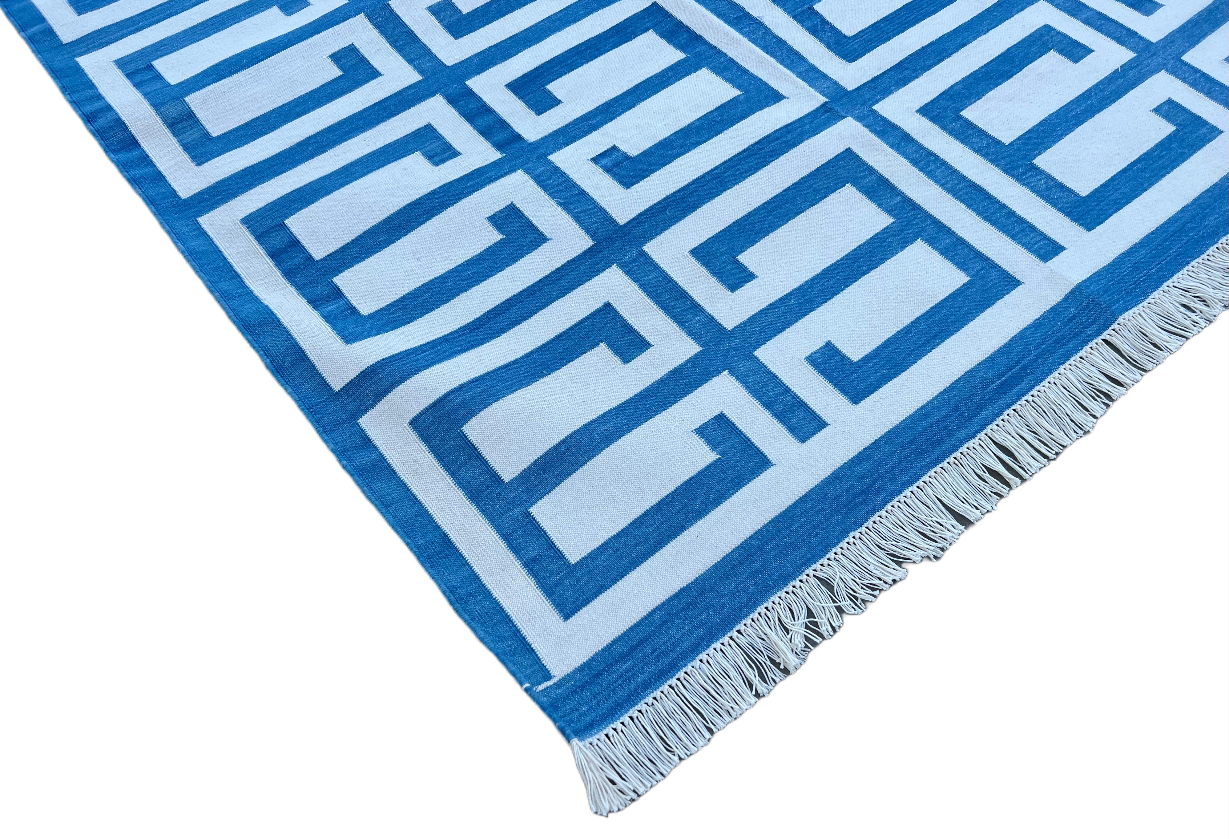 Mid-Century Modern Handmade Cotton Area Flat Weave Rug, Blue And White Geometric Indian Dhurrie Rug For Sale