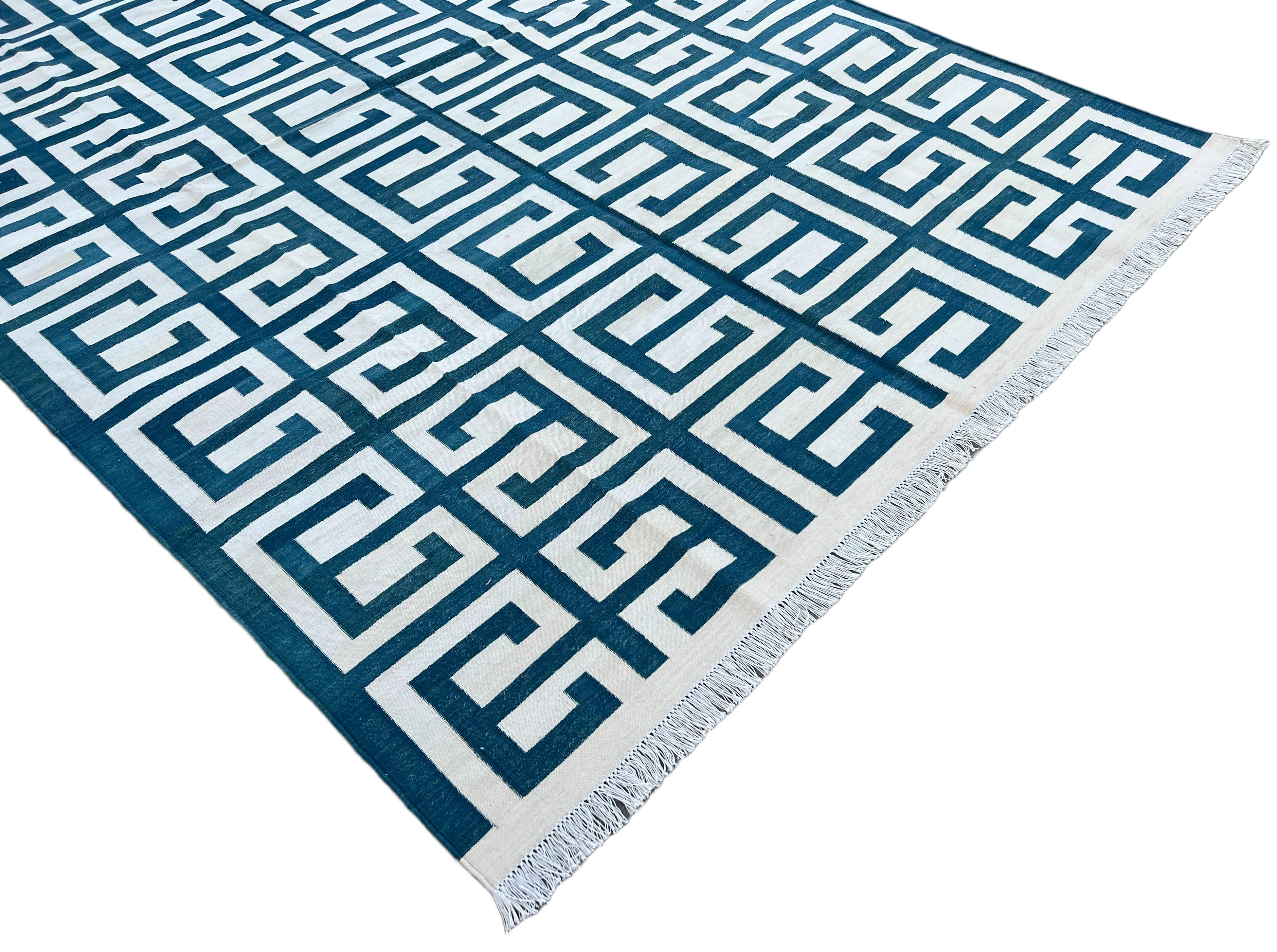 Contemporary Handmade Cotton Area Flat Weave Rug, Blue And White Geometric Indian Dhurrie Rug For Sale