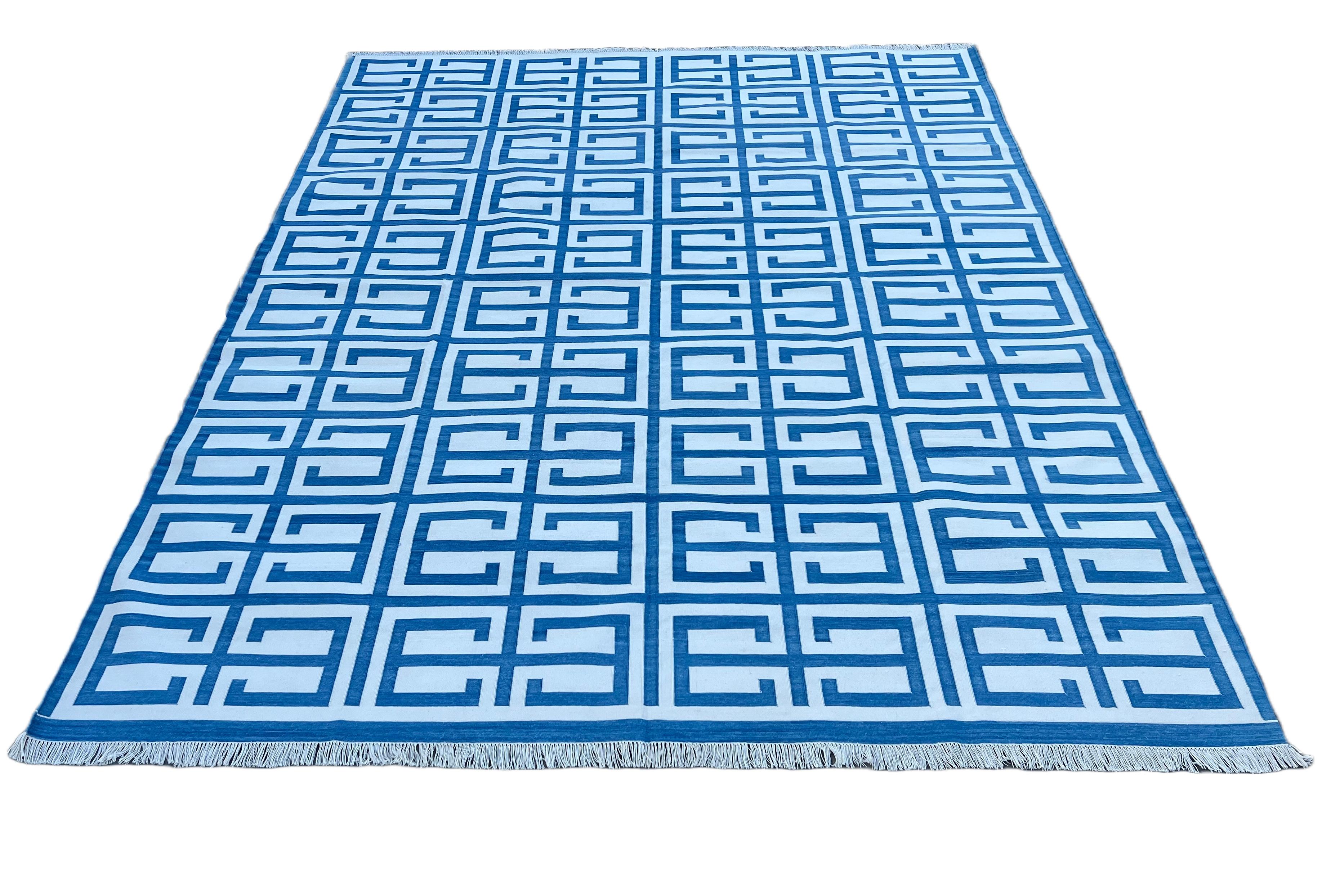 Contemporary Handmade Cotton Area Flat Weave Rug, Blue And White Geometric Indian Dhurrie Rug For Sale