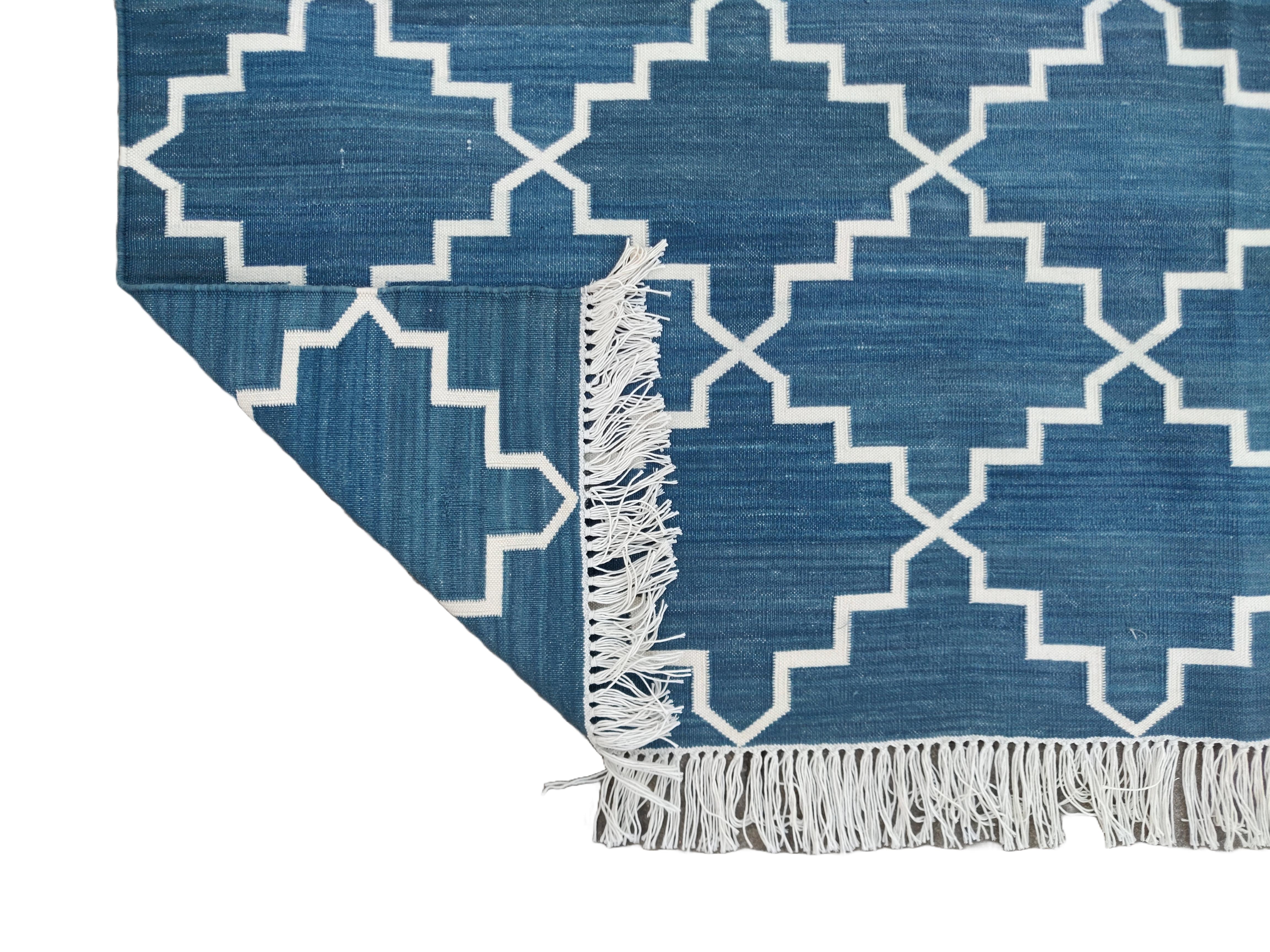 Handmade Cotton Area Flat Weave Rug, Blue And White Geometric Indian Dhurrie Rug For Sale 1