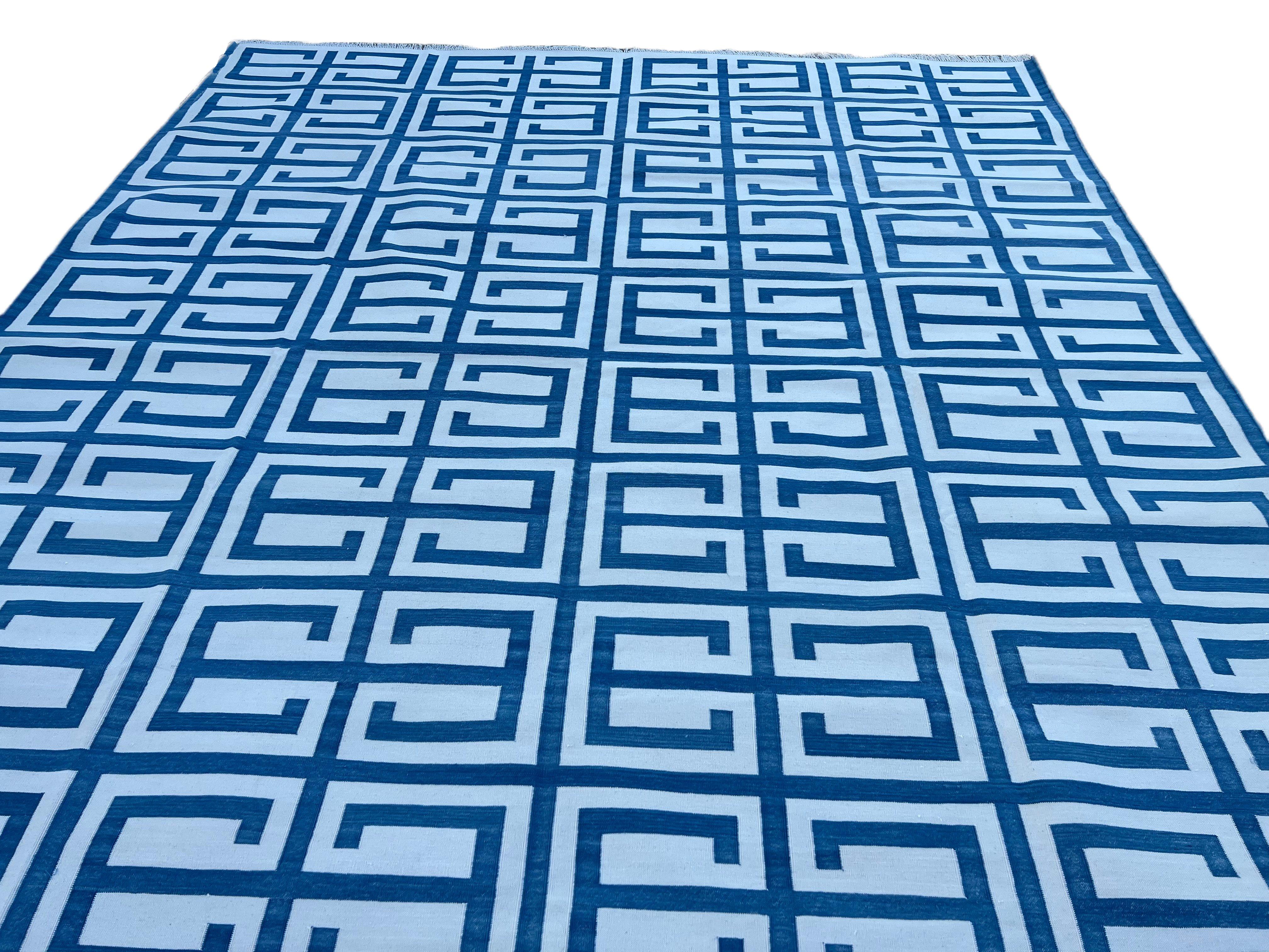 Handmade Cotton Area Flat Weave Rug, Blue And White Geometric Indian Dhurrie Rug For Sale 1