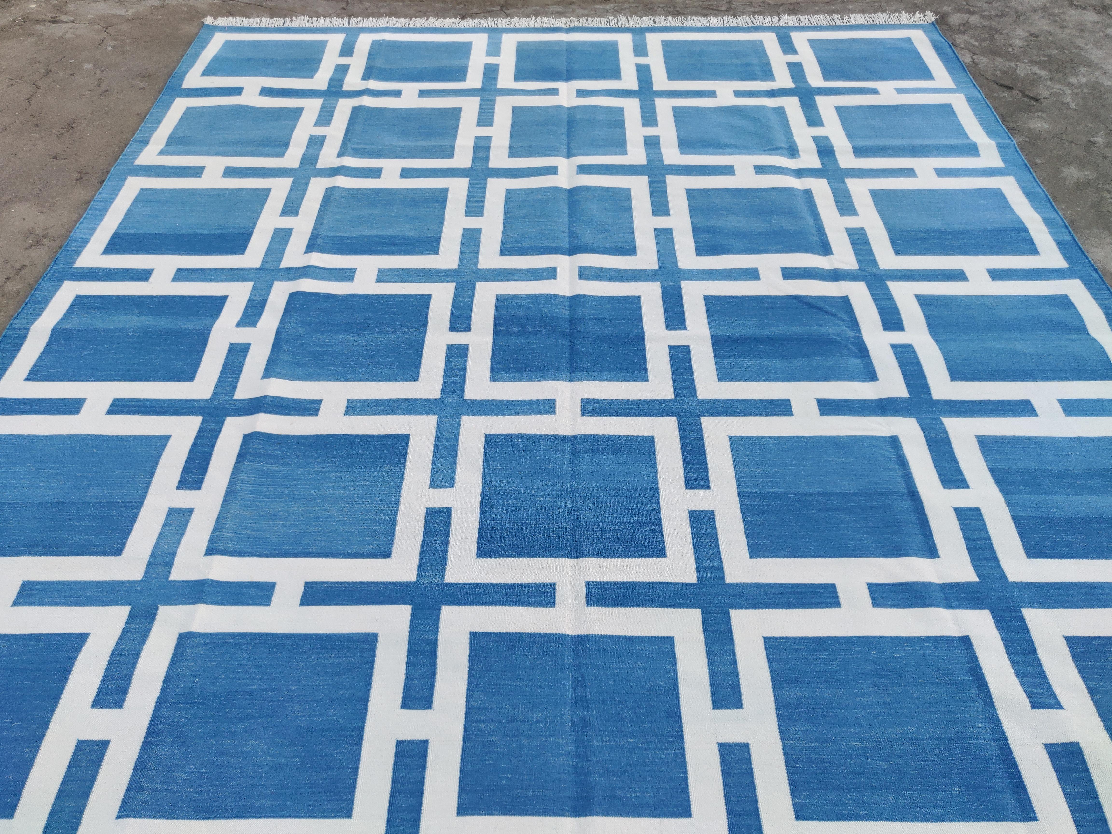 Handmade Cotton Area Flat Weave Rug, Blue And White Geometric Indian Dhurrie Rug For Sale 2