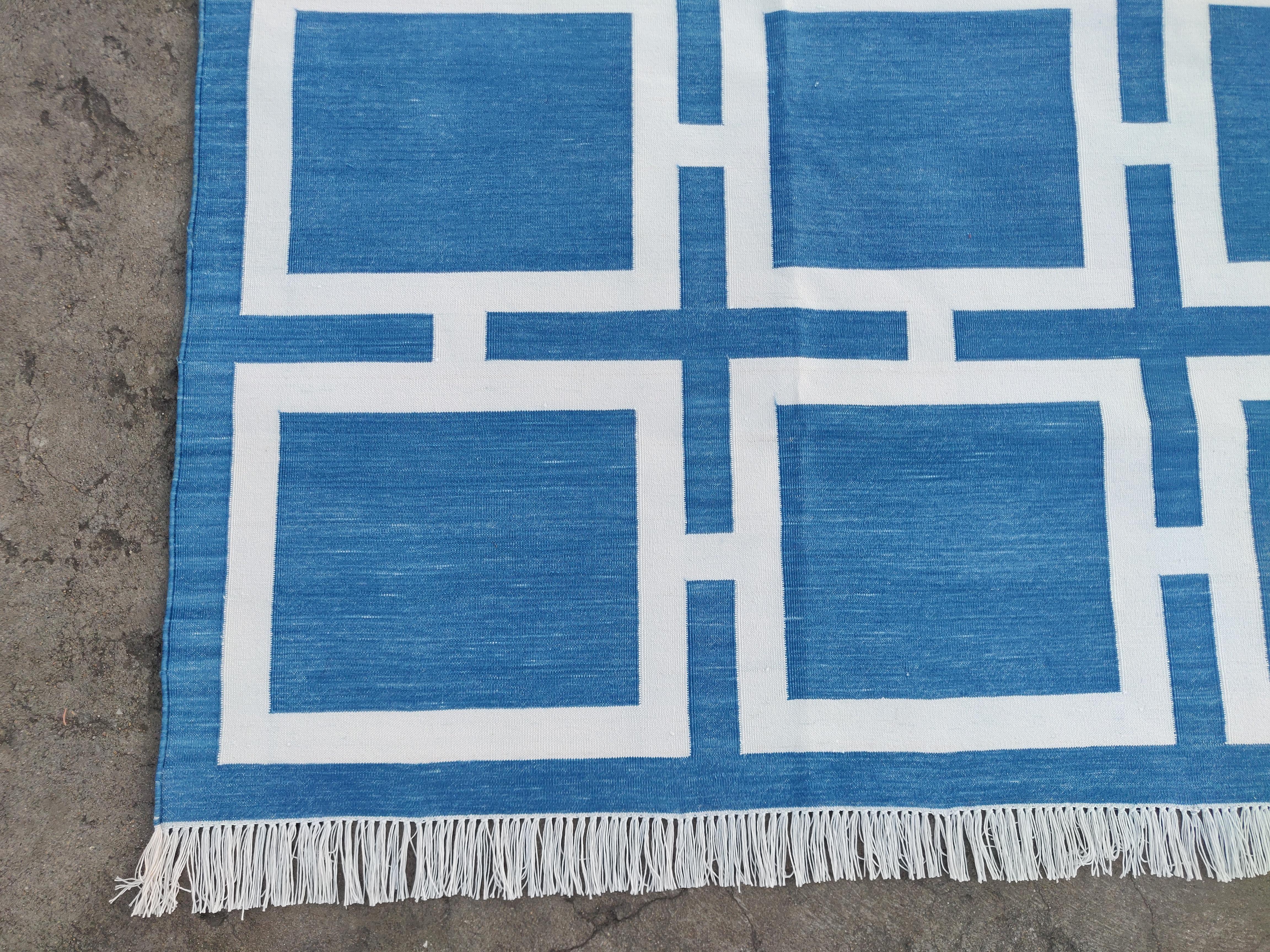 Handmade Cotton Area Flat Weave Rug, Blue And White Geometric Indian Dhurrie Rug For Sale 3