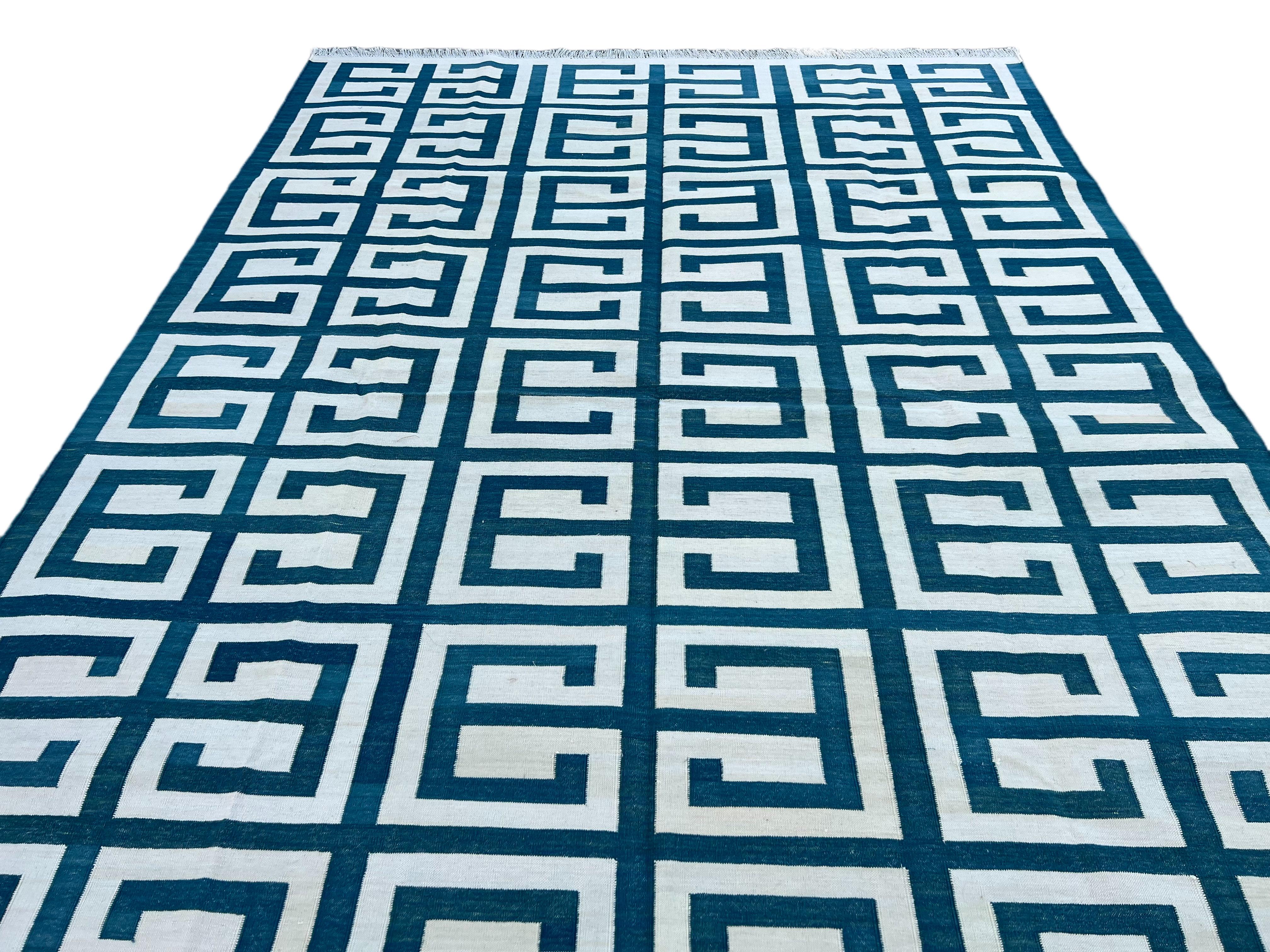 Handmade Cotton Area Flat Weave Rug, Blue And White Geometric Indian Dhurrie Rug For Sale 3