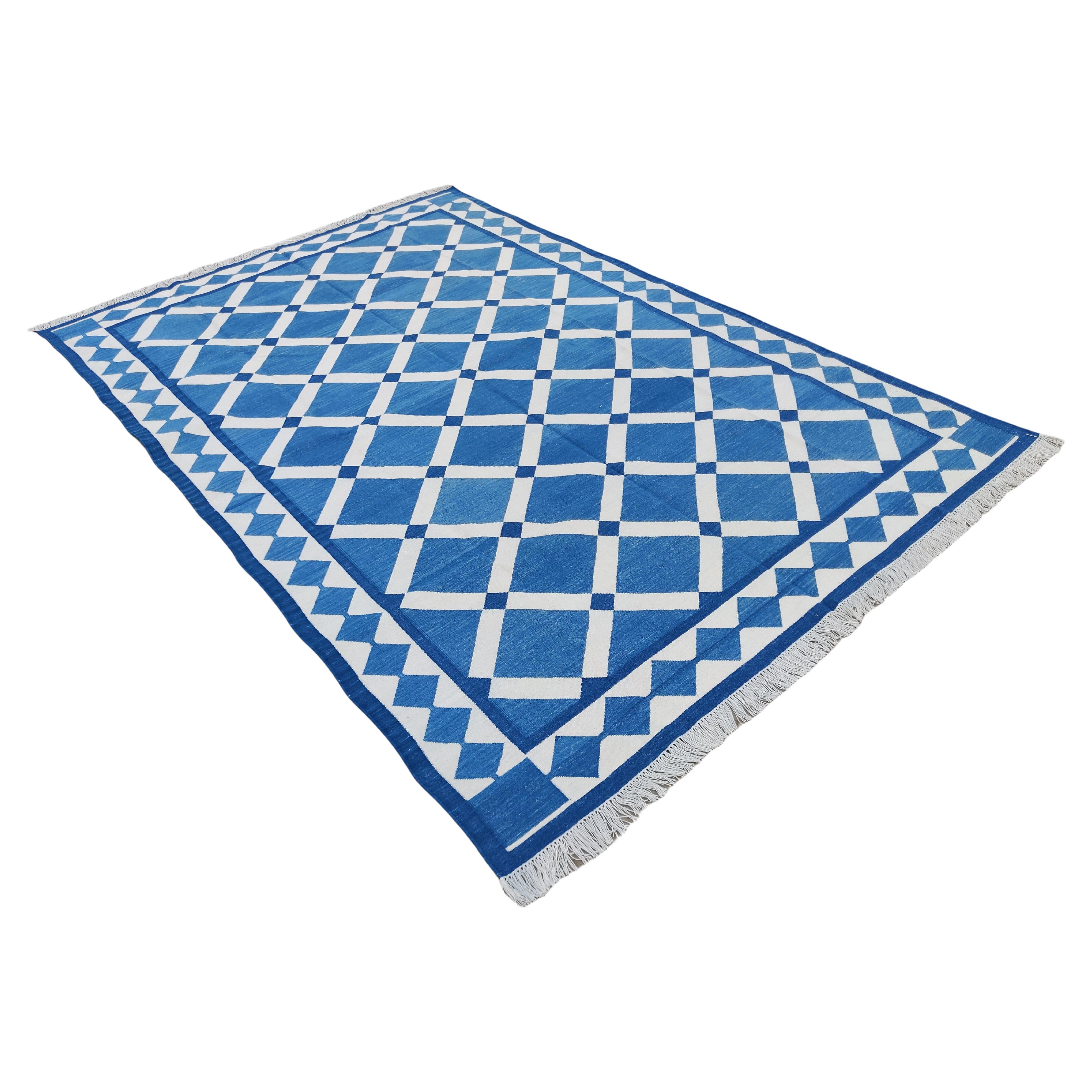 Handmade Cotton Area Flat Weave Rug, Blue And White Geometric Indian Dhurrie Rug For Sale