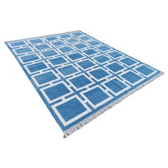 Tapis en coton tissé à plat, bleu et blanc, géométrique, indien Dhurrie
