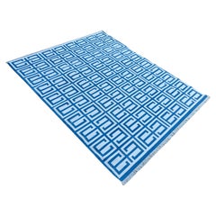 Alfombra de Algodón Hecha a Mano de Tejido Plano, Alfombra India Dhurrie Geométrica Azul y Blanca