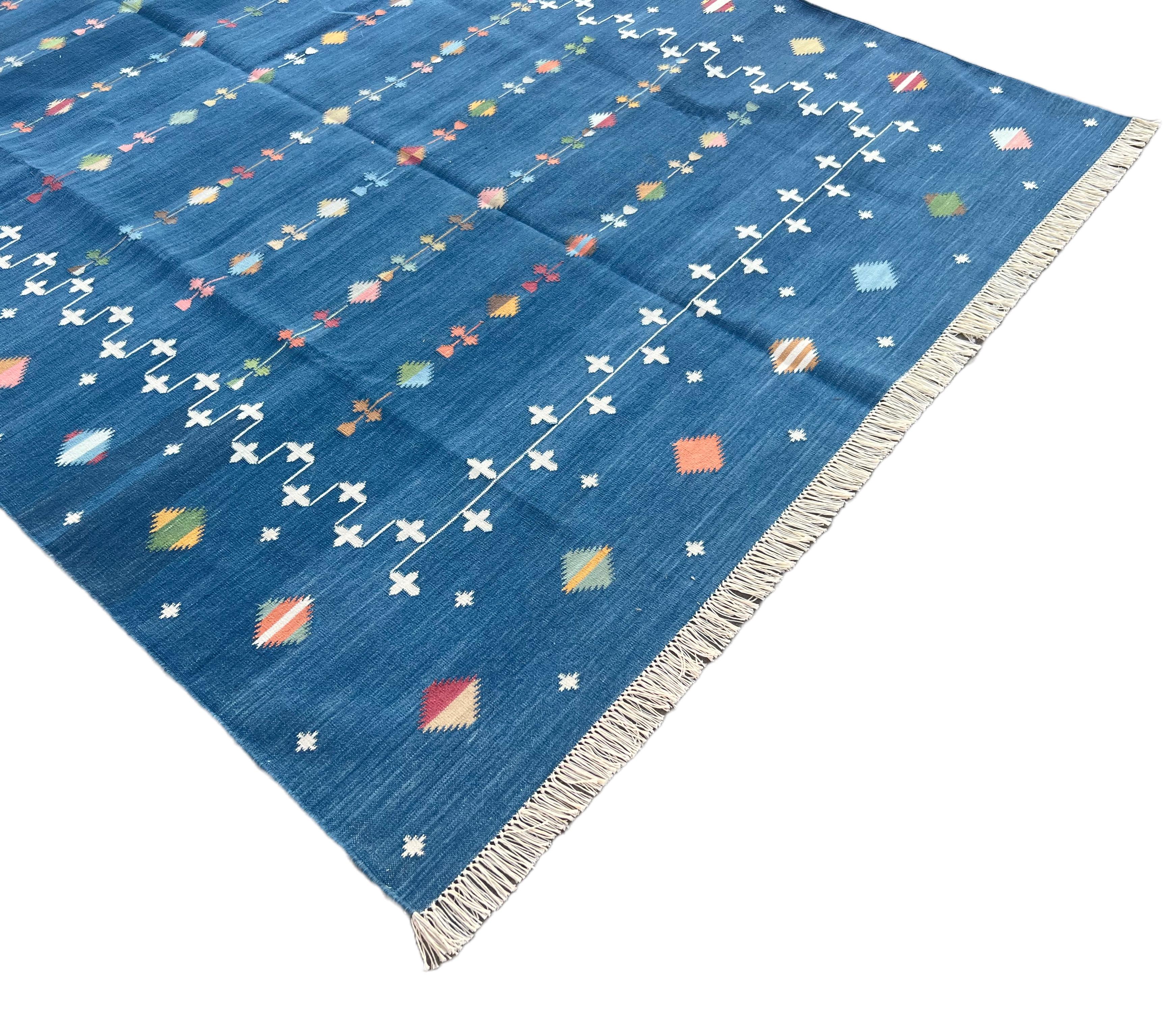 Kilim Handmade Cotton Area Flat Weave Rug, Blue And White Indian Shooting Star Dhurrie For Sale