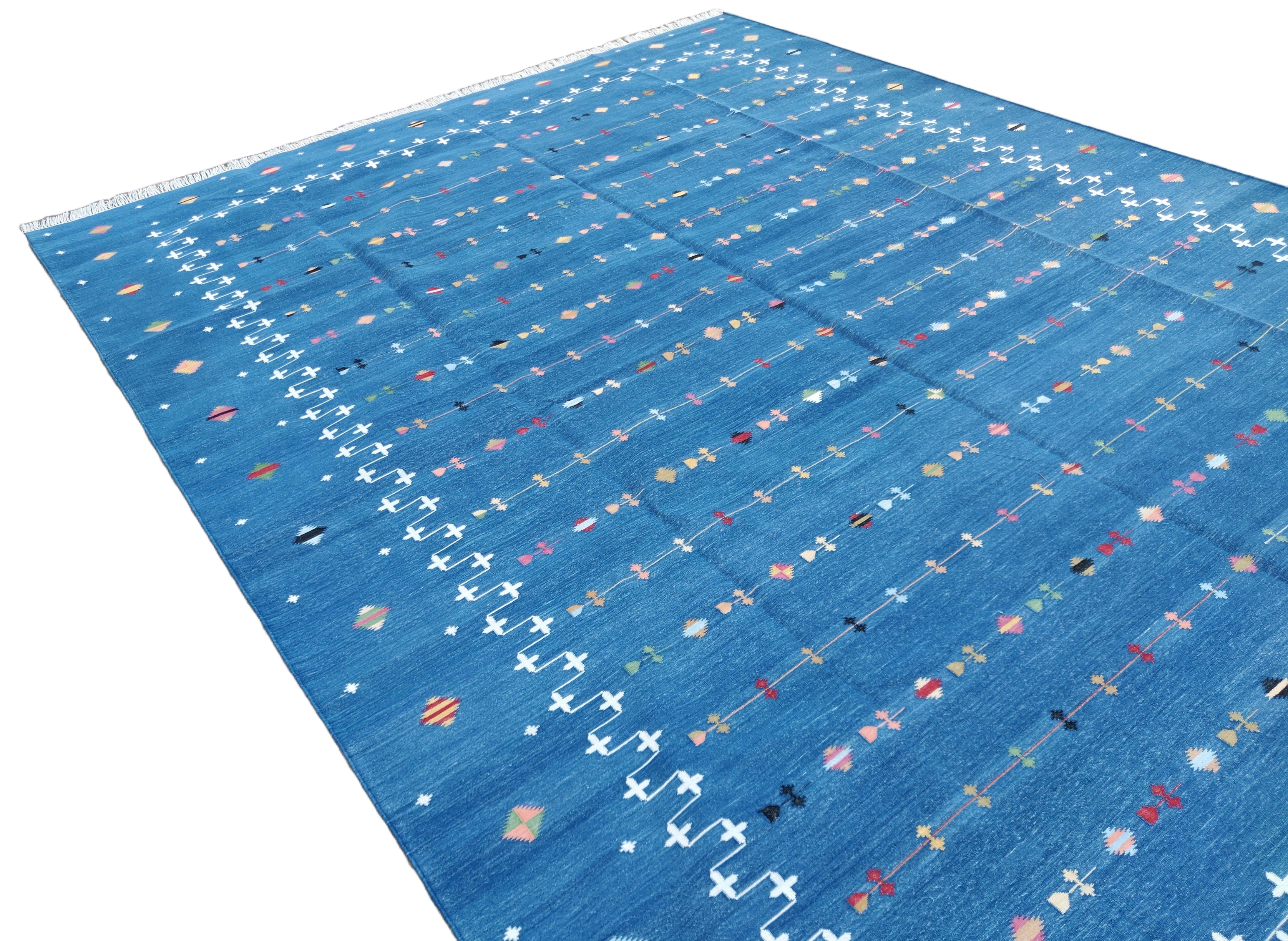 Handmade Cotton Area Flat Weave Rug, 8x10 Blue Indian Shooting Star Dhurrie Rug For Sale 1