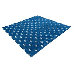 Handmade Cotton Area Flat Weave Rug, Blue And White Leaf Pattern Indian Dhurrie
