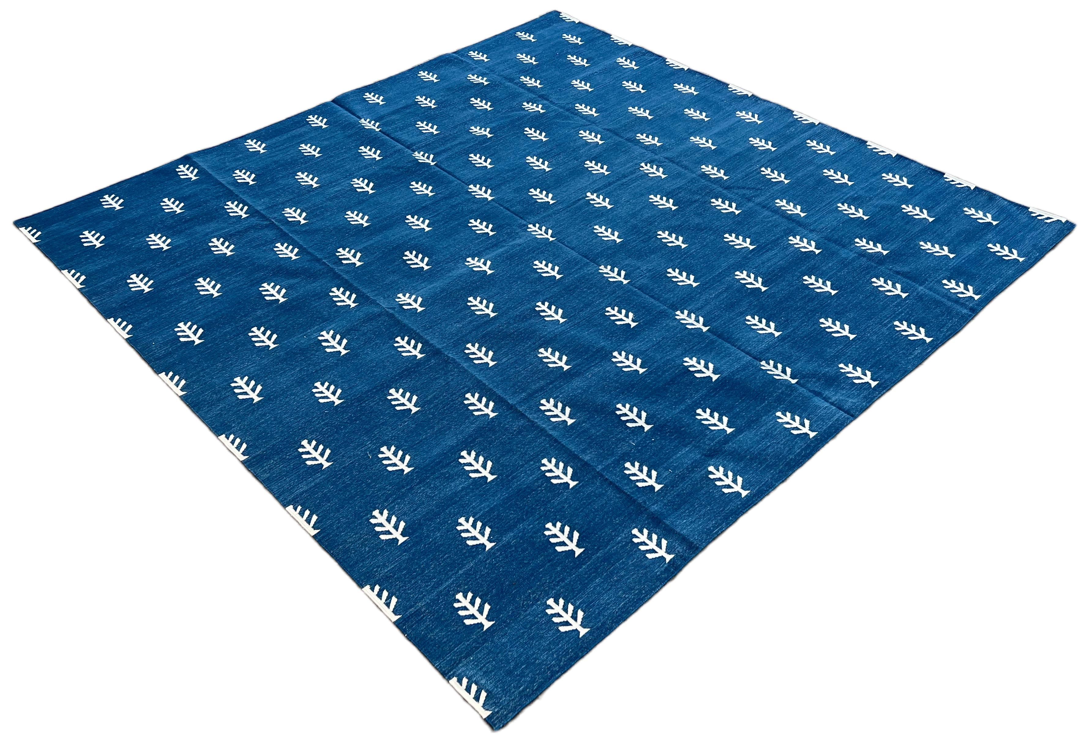Handmade Cotton Area Flat Weave Rug, Blue And White Leaf Pattern Indian Dhurrie For Sale 1