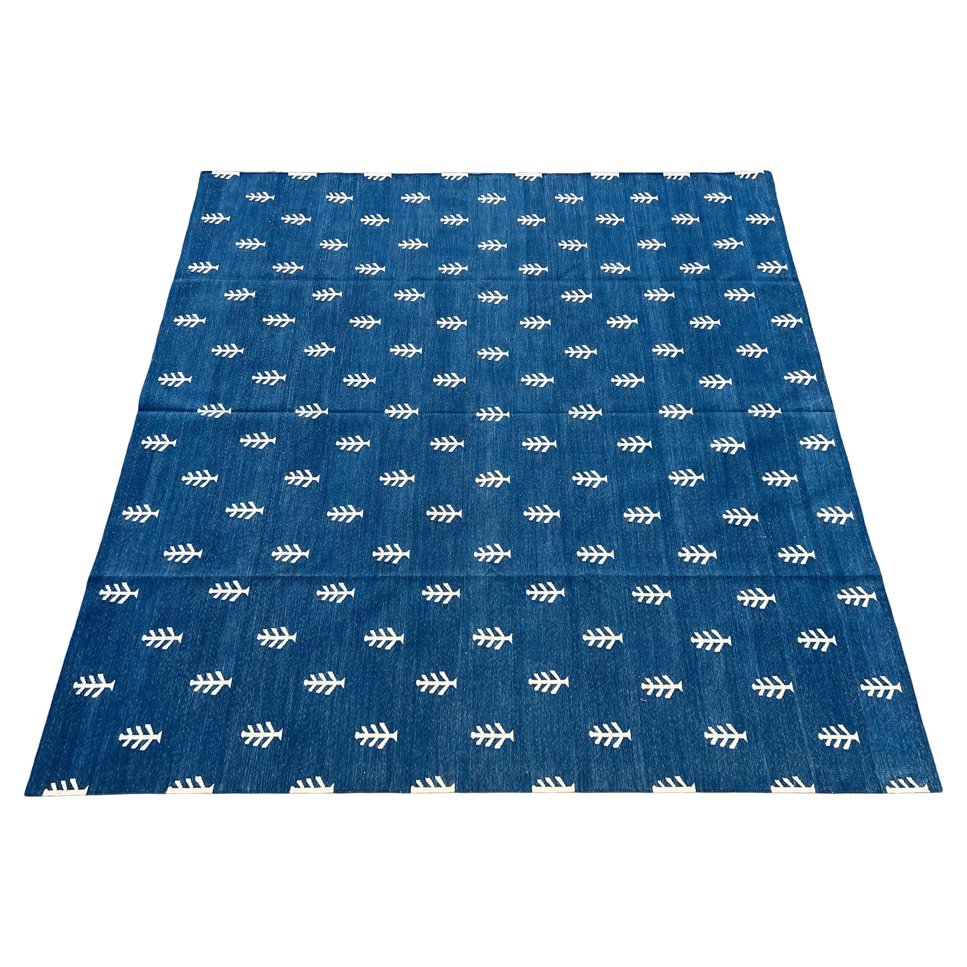 Handmade Cotton Area Flat Weave Rug, Blue And White Leaf Pattern Indian Dhurrie For Sale