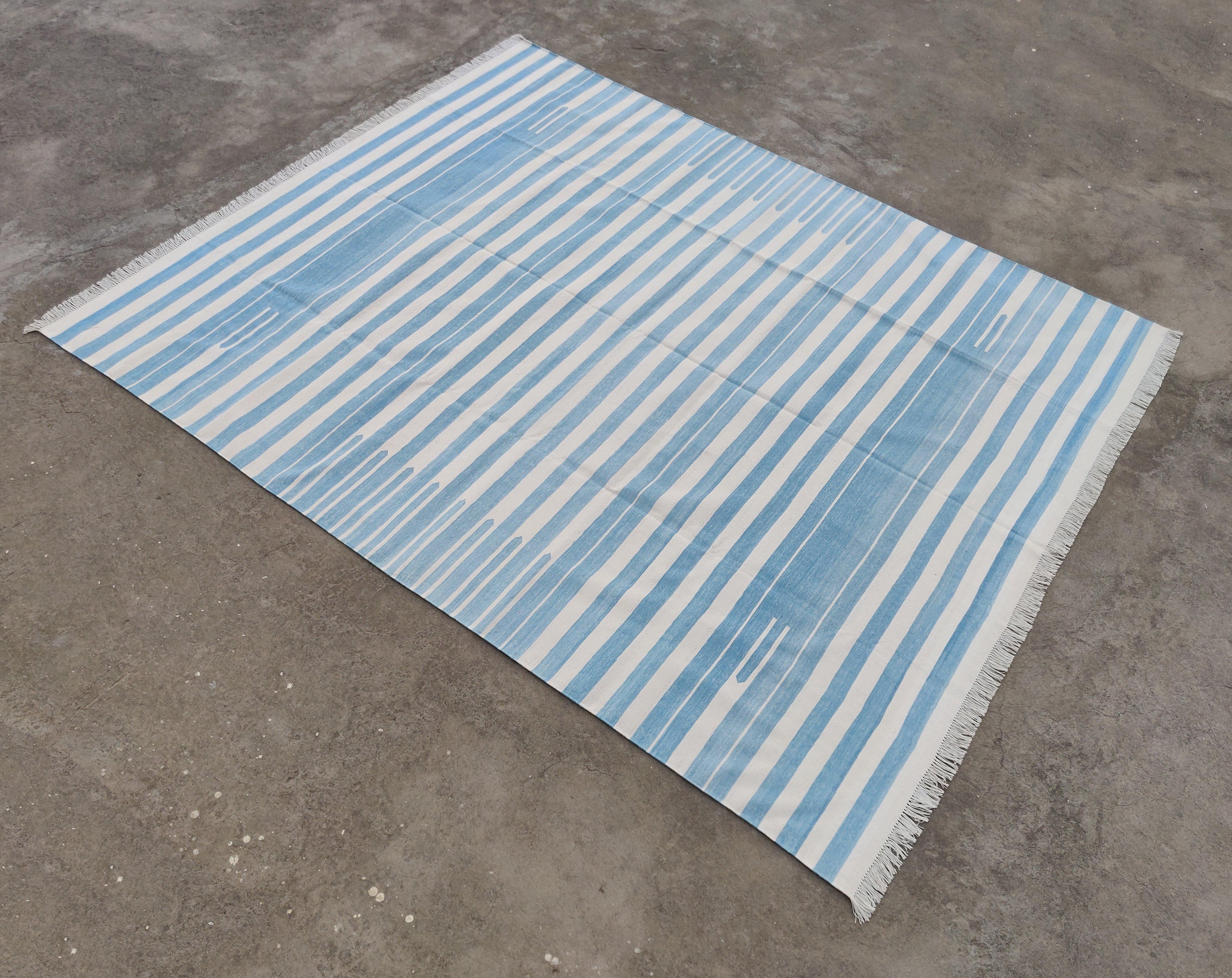 Handmade Cotton Area Flat Weave Rug, Blue And White Striped Indian Dhurrie Rug For Sale 4