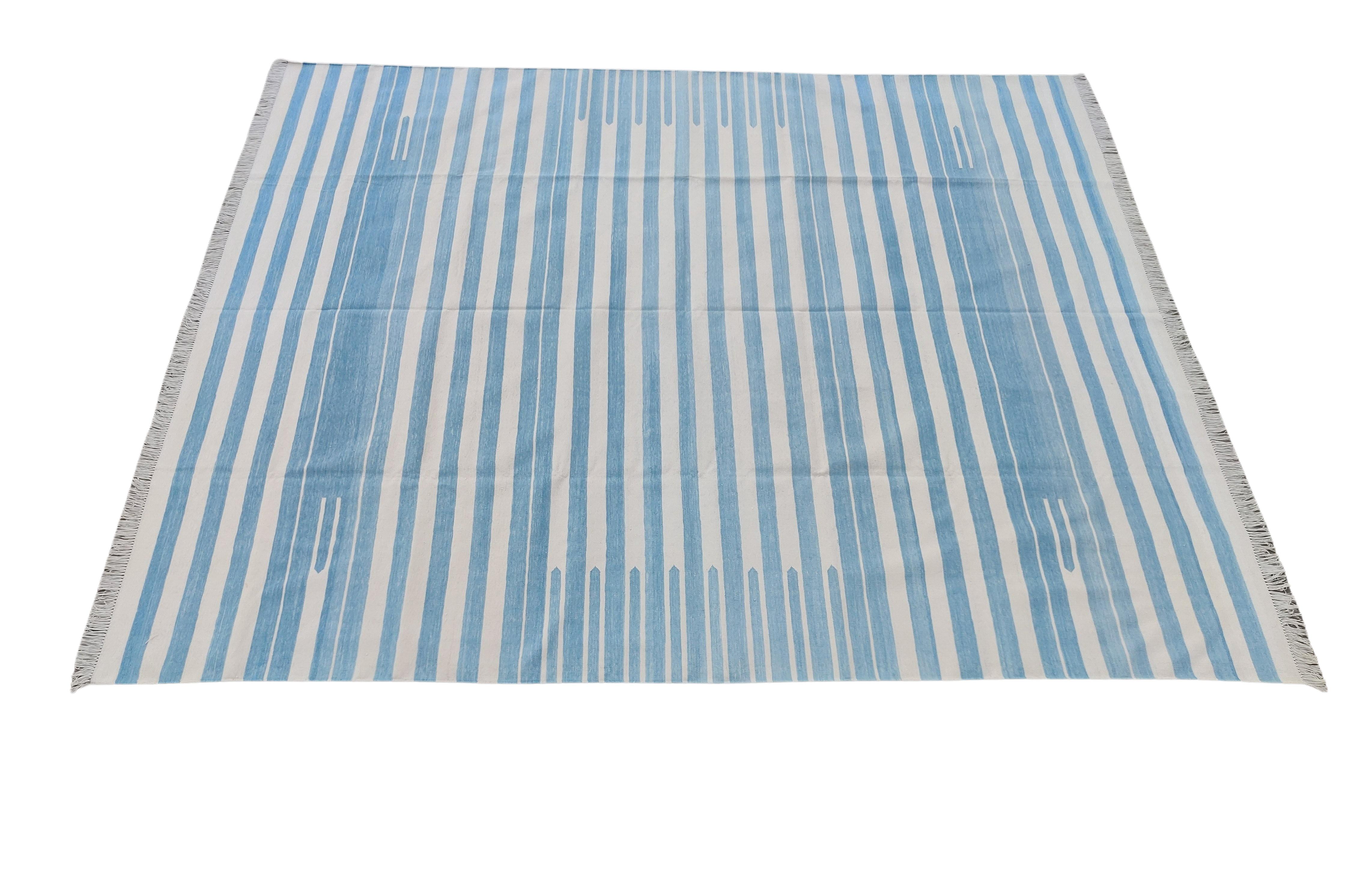 Handmade Cotton Area Flat Weave Rug, Blue And White Striped Indian Dhurrie Rug For Sale 5