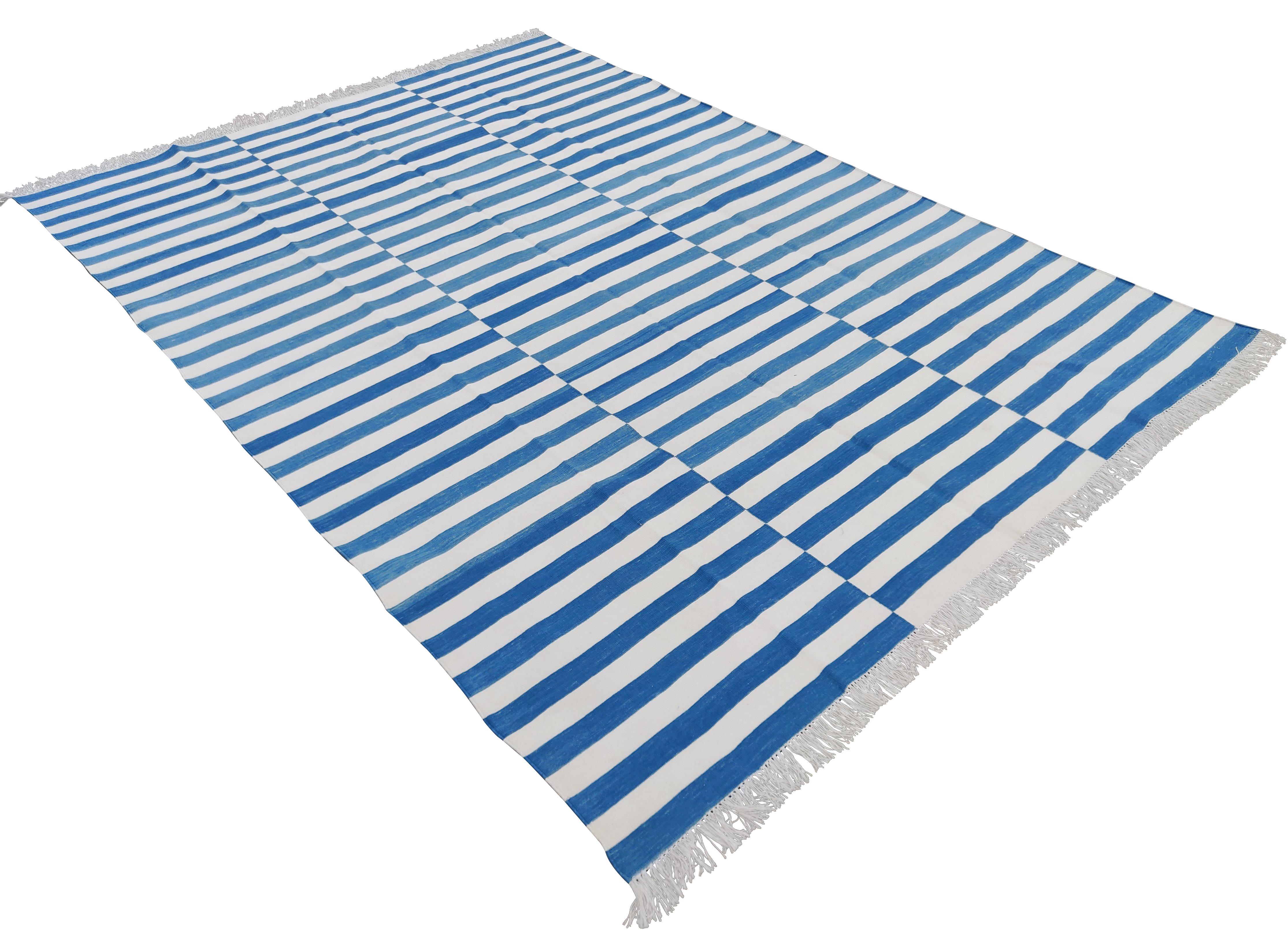 Cotton Natural Vegetable Dyed Sky Blue And White Striped Rug-8'x10'
These special flat-weave dhurries are hand-woven with 15 ply 100% cotton yarn. Due to the special manufacturing techniques used to create our rugs, the size and color of each piece