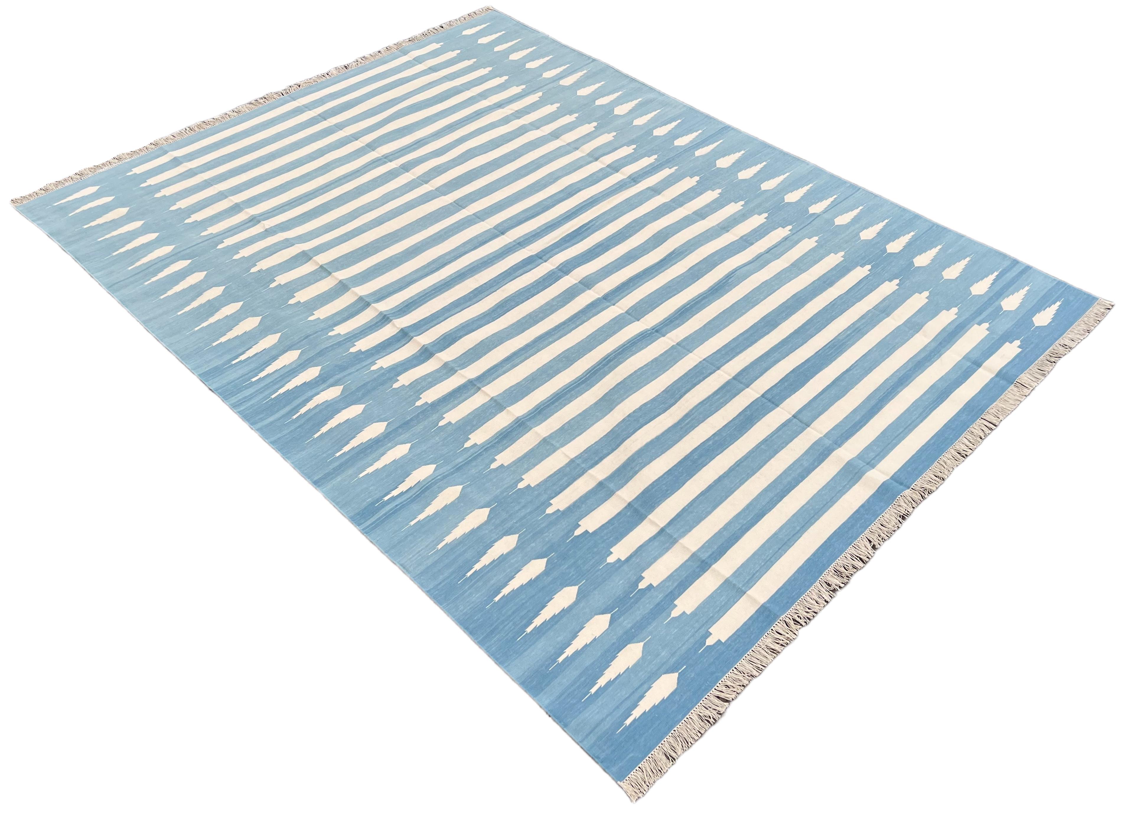 Cotton Natural Vegetable Dyed Sky Blue And White Striped Indian Rug-8'x10'
These special flat-weave dhurries are hand-woven with 15 ply 100% cotton yarn. Due to the special manufacturing techniques used to create our rugs, the size and color of each