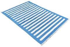 Handmade Cotton Area Flat Weave Rug, Blue And White Striped Indian Dhurrie Rug