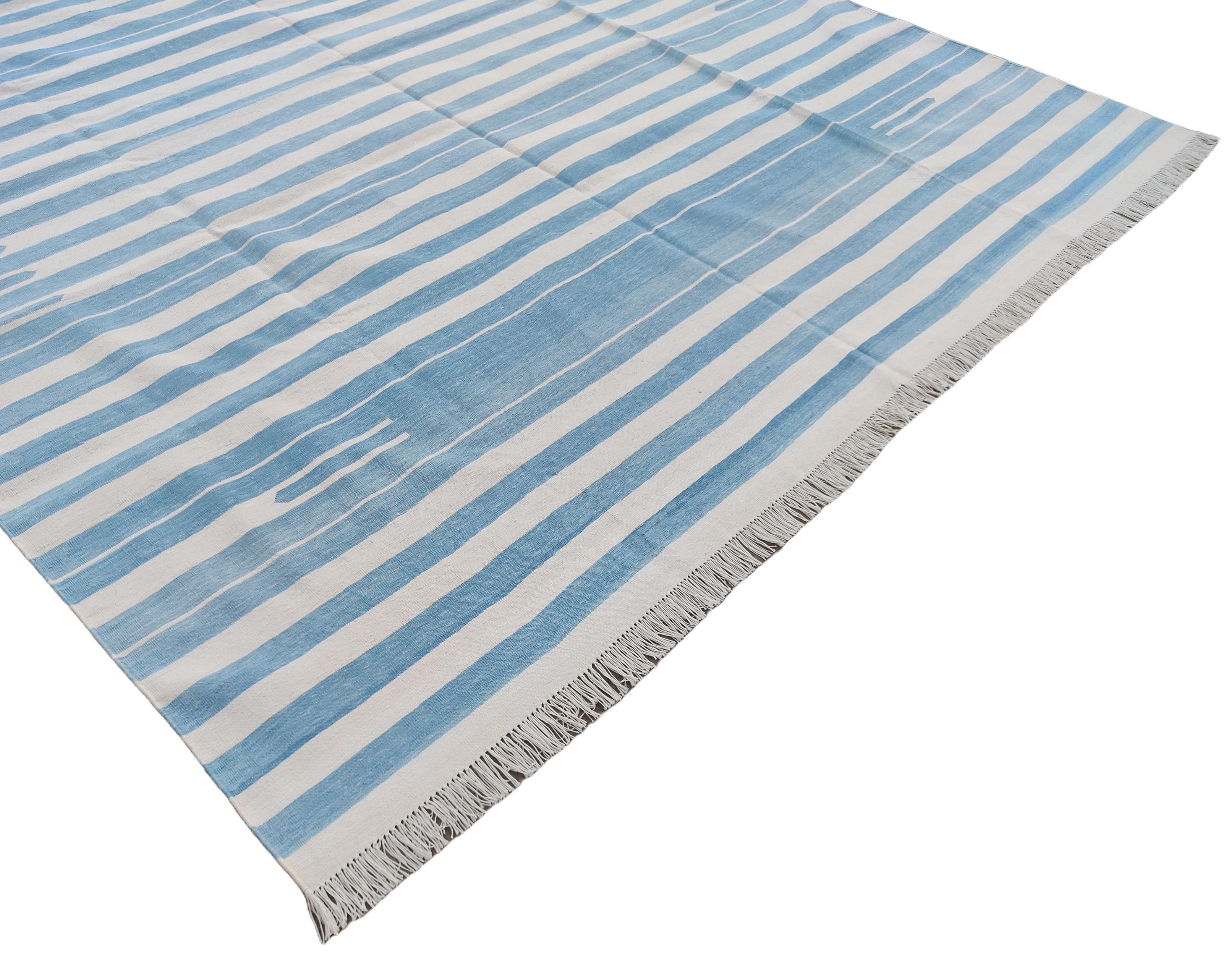 Mid-Century Modern Handmade Cotton Area Flat Weave Rug, Blue And White Striped Indian Dhurrie Rug For Sale