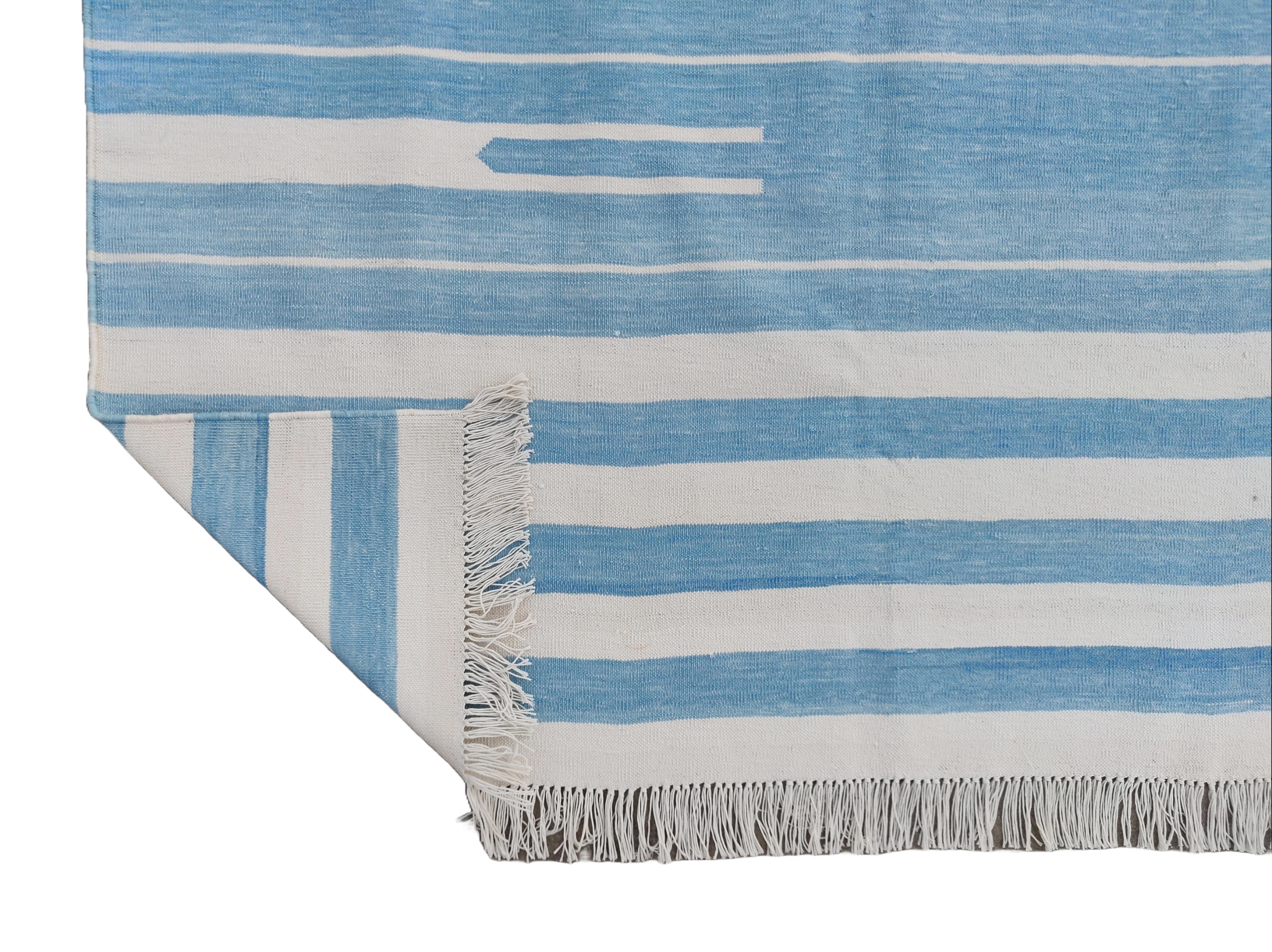Hand-Woven Handmade Cotton Area Flat Weave Rug, Blue And White Striped Indian Dhurrie Rug For Sale