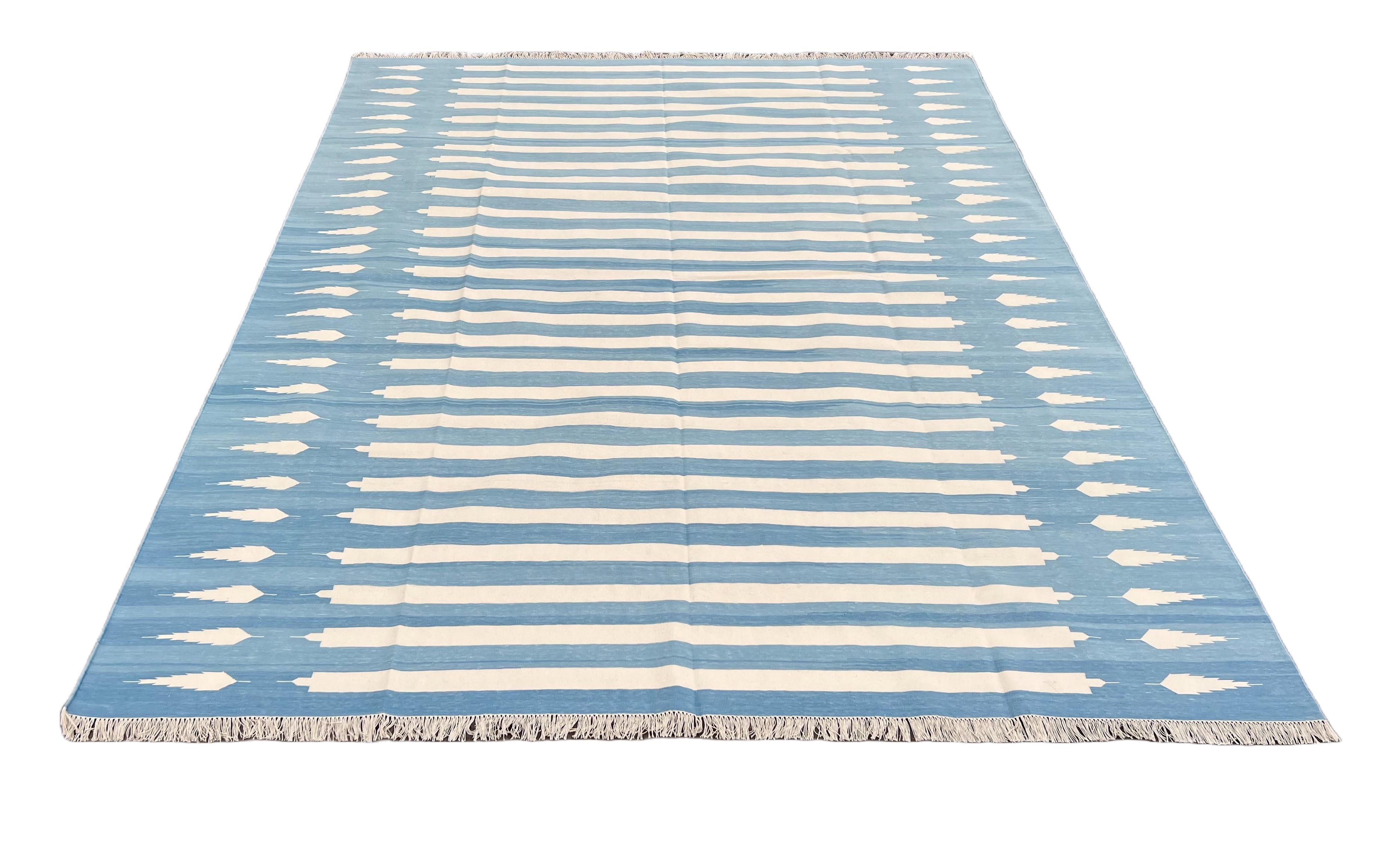 Contemporary Handmade Cotton Area Flat Weave Rug, Blue And White Striped Indian Dhurrie Rug For Sale