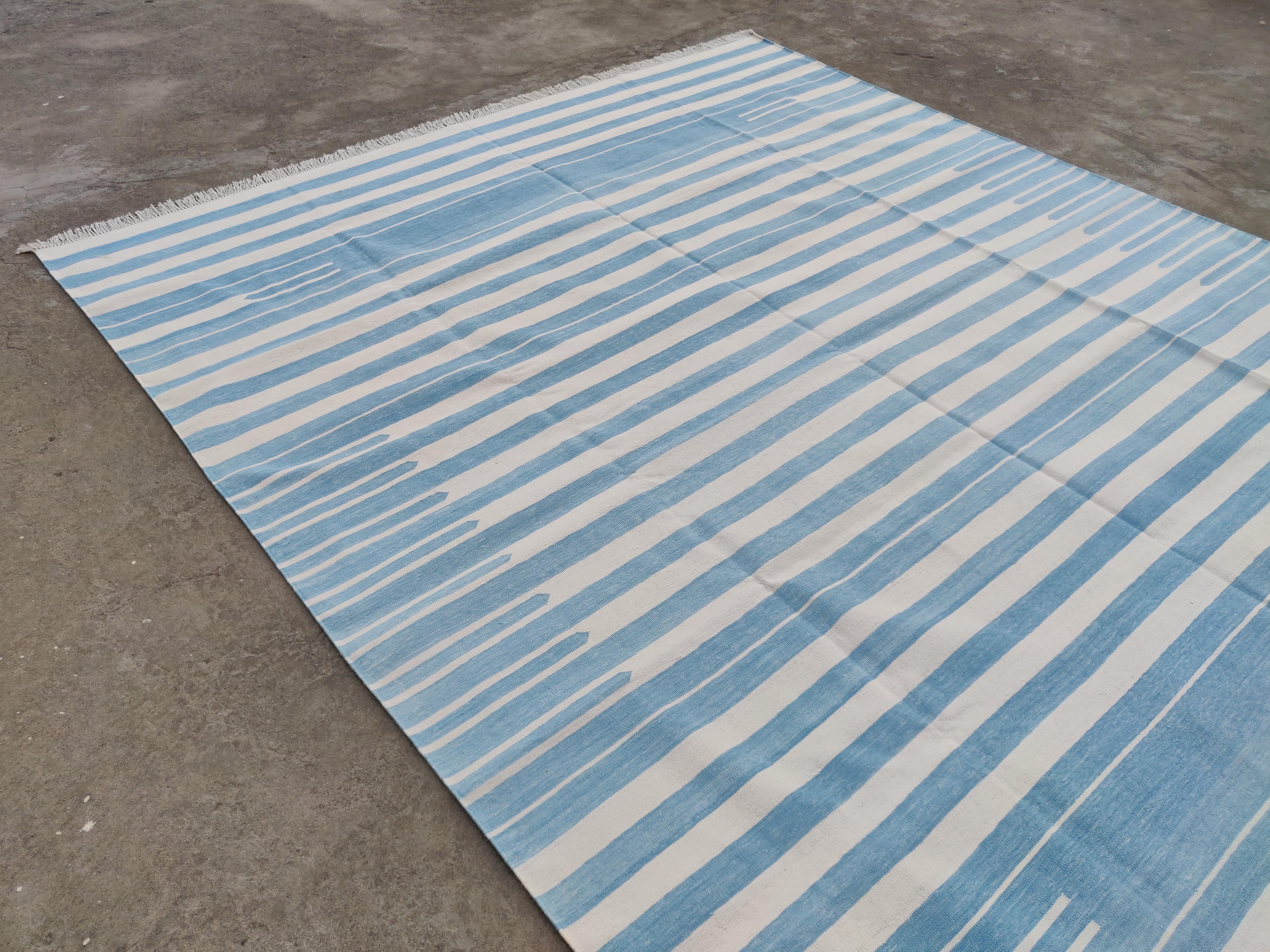 Handmade Cotton Area Flat Weave Rug, Blue And White Striped Indian Dhurrie Rug For Sale 1