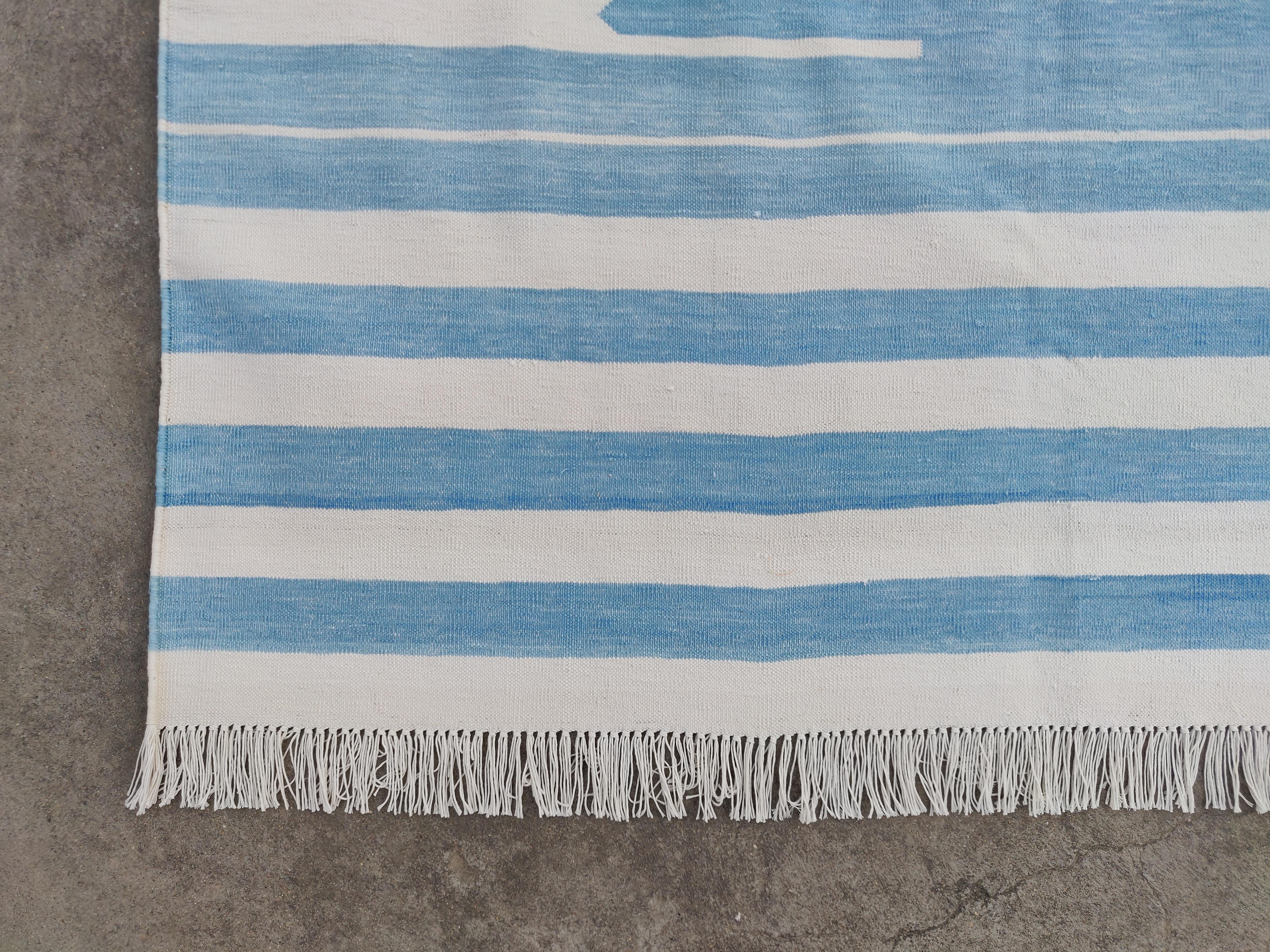 Handmade Cotton Area Flat Weave Rug, Blue And White Striped Indian Dhurrie Rug For Sale 2