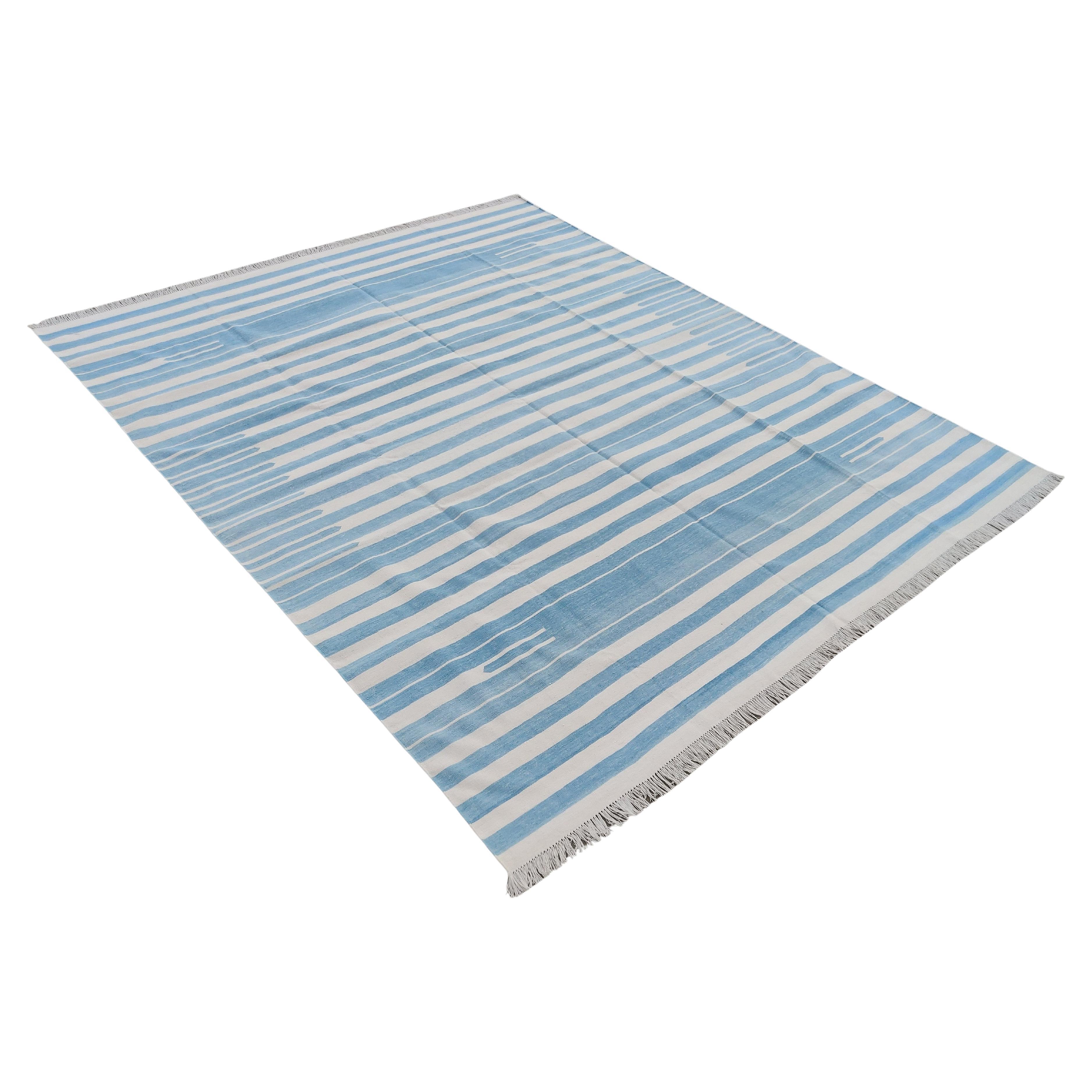 Handmade Cotton Area Flat Weave Rug, Blue And White Striped Indian Dhurrie Rug For Sale