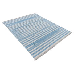 Handmade Cotton Area Flat Weave Rug, Blue And White Striped Indian Dhurrie Rug