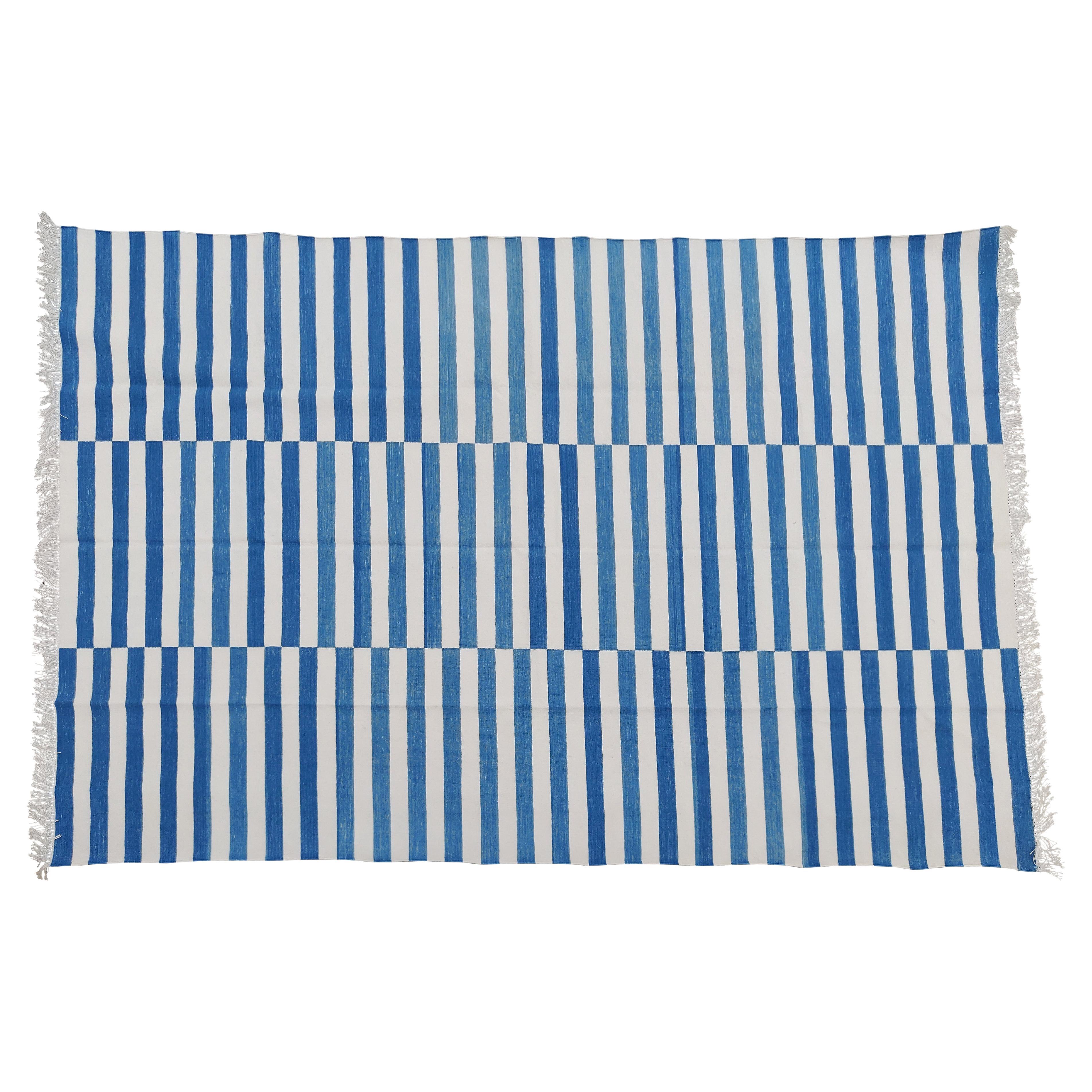 Handmade Cotton Area Flat Weave Rug, Blue And White Striped Indian Dhurrie Rug For Sale