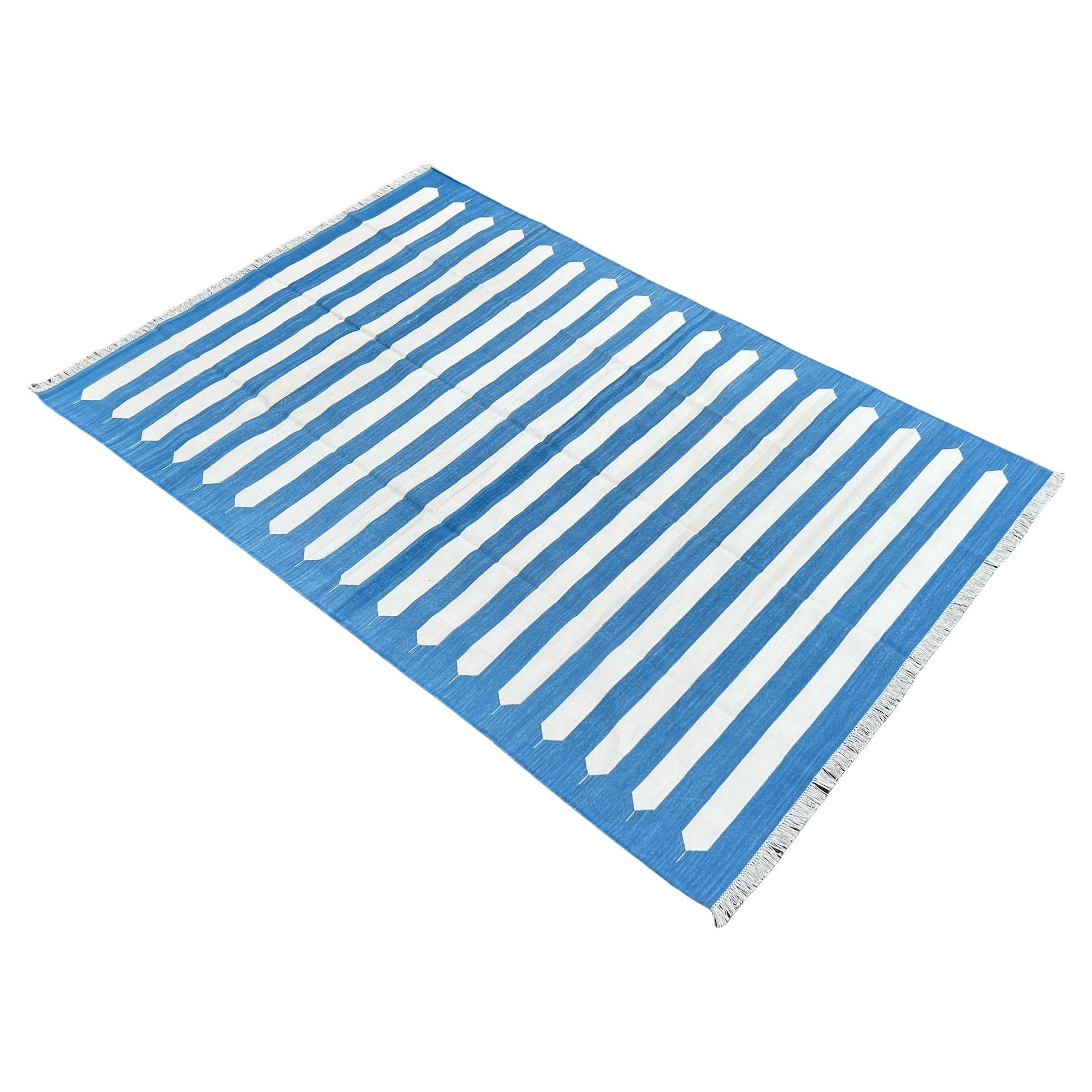 Handmade Cotton Area Flat Weave Rug, Blue And White Striped Indian Dhurrie Rug For Sale
