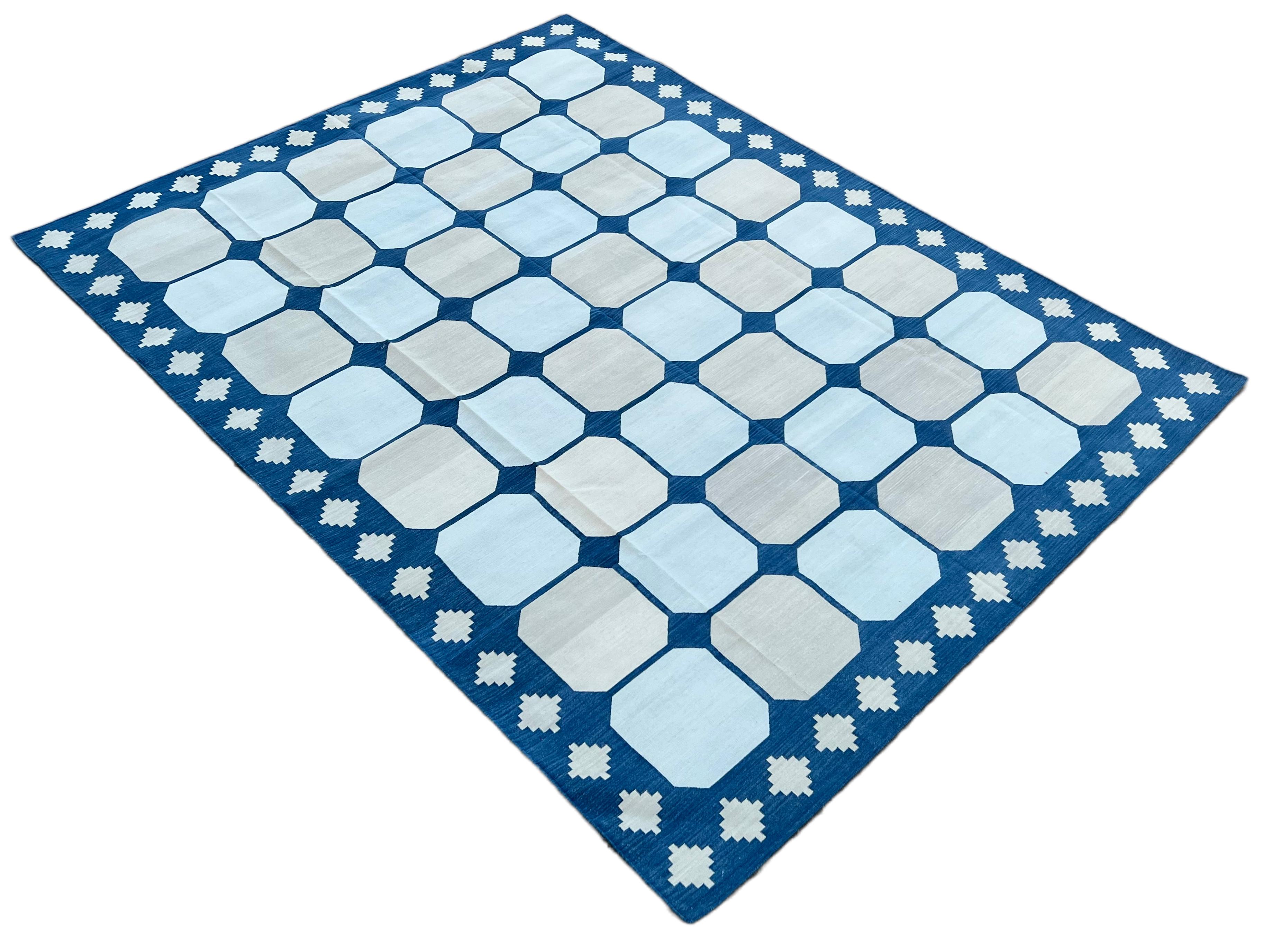 Handmade Cotton Area Flat Weave Rug, Blue & Beige Geometric Tile Indian Dhurrie For Sale 4