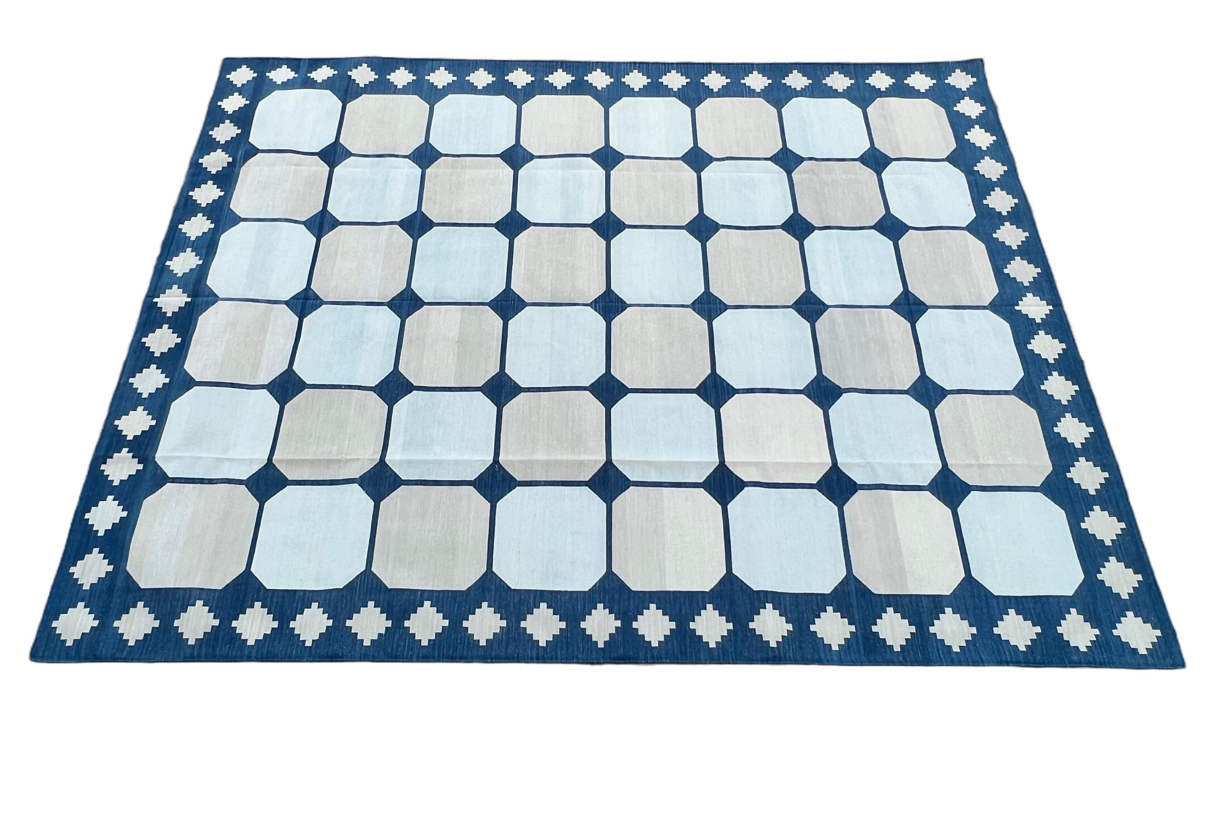 Handmade Cotton Area Flat Weave Rug, Blue & Beige Geometric Tile Indian Dhurrie For Sale 5