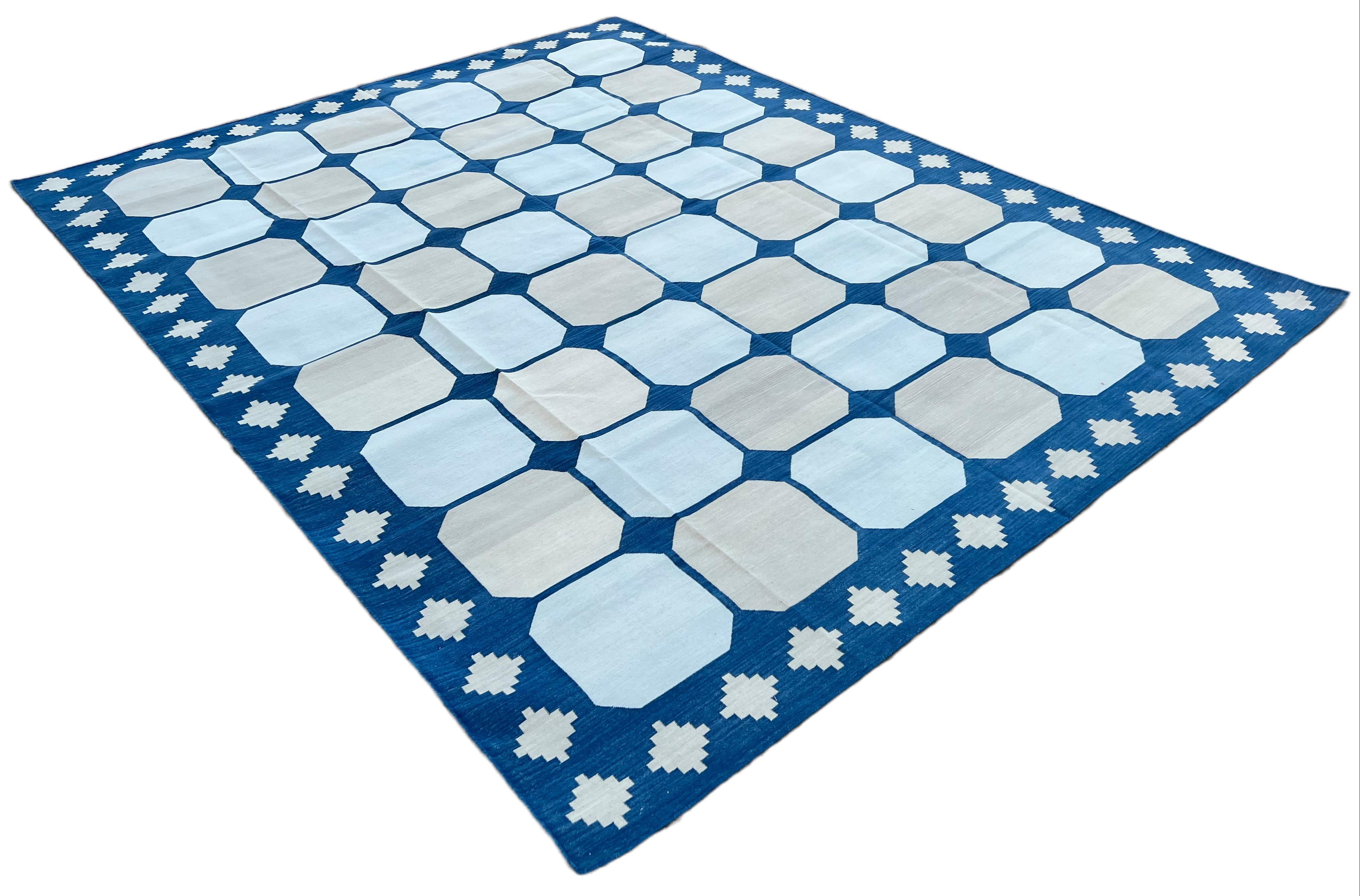 Cotton Vegetable Dyed Reversible Blue, Beige And Cream Geometric Patterned Tile Indian Rug - 8'x10'
These special flat-weave dhurries are hand-woven with 15 ply 100% cotton yarn. Due to the special manufacturing techniques used to create our rugs,