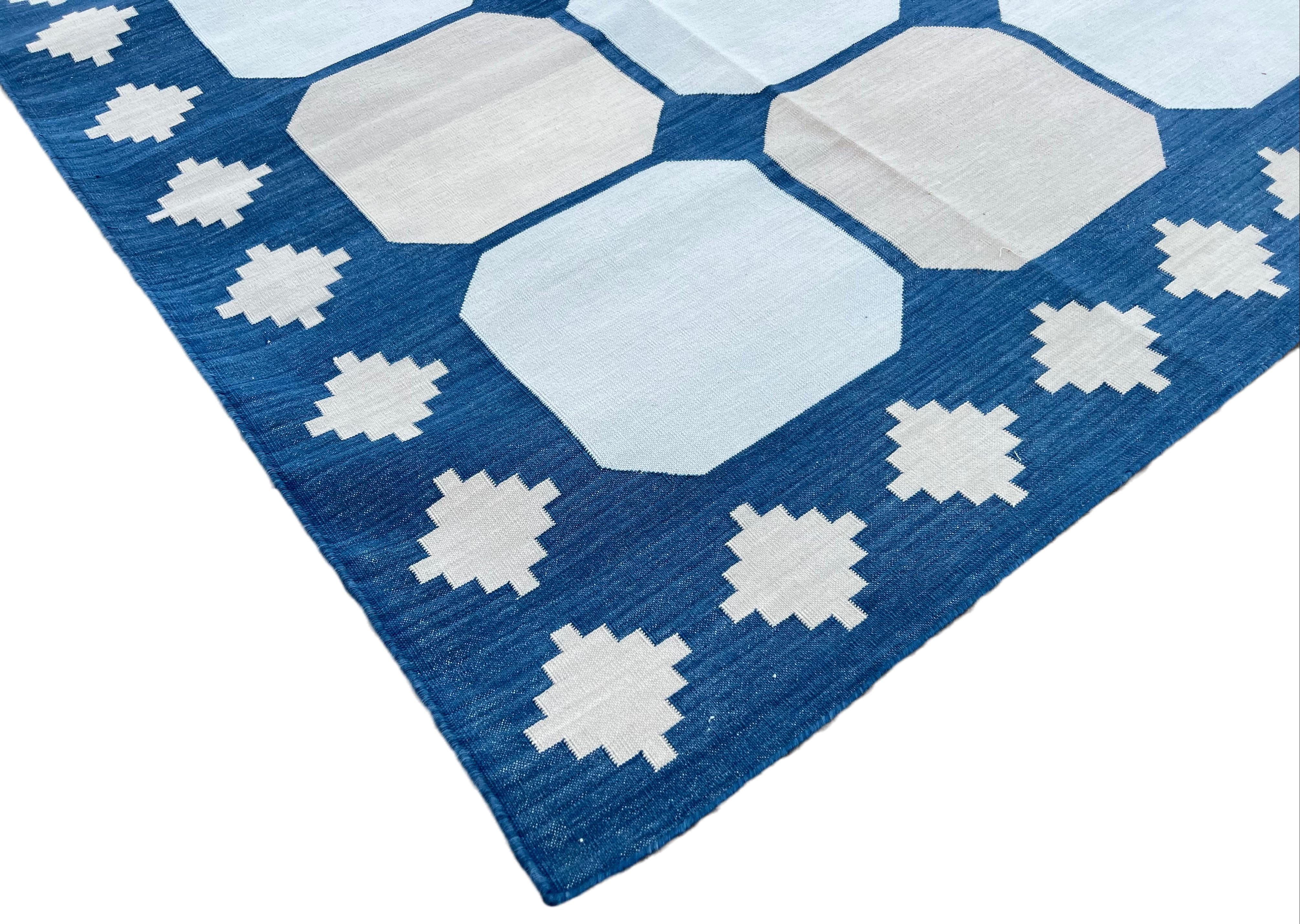 Mid-Century Modern Handmade Cotton Area Flat Weave Rug, Blue & Beige Geometric Tile Indian Dhurrie For Sale