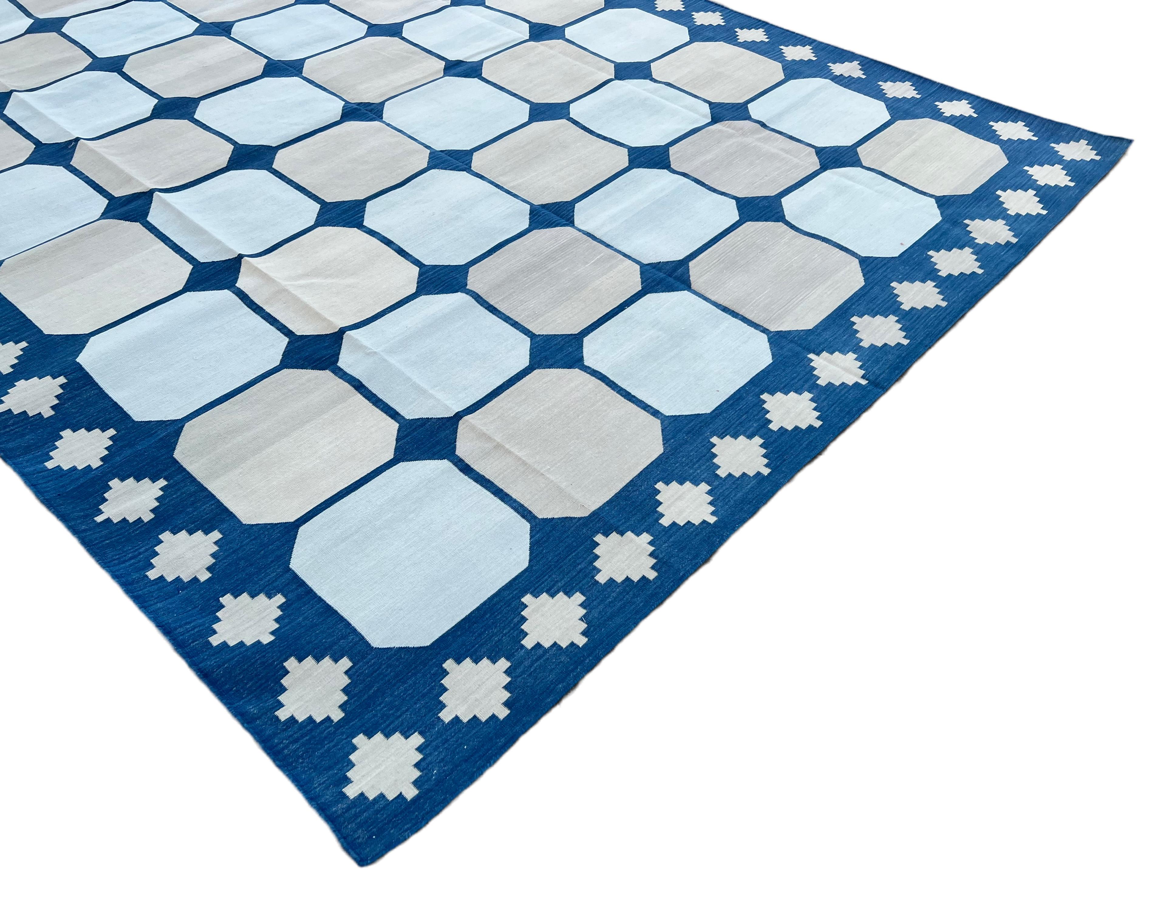 Hand-Woven Handmade Cotton Area Flat Weave Rug, Blue & Beige Geometric Tile Indian Dhurrie For Sale