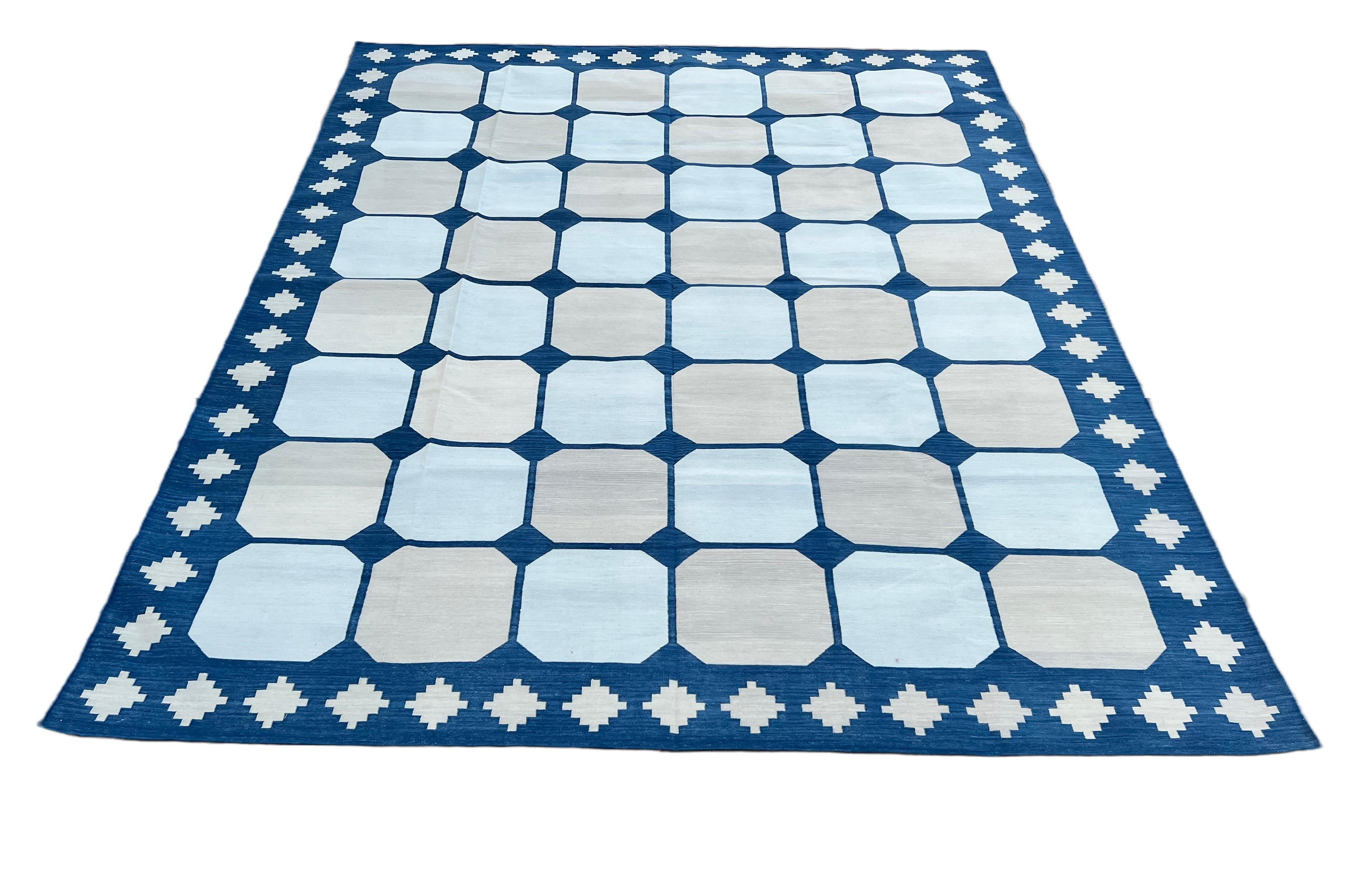 Contemporary Handmade Cotton Area Flat Weave Rug, Blue & Beige Geometric Tile Indian Dhurrie For Sale