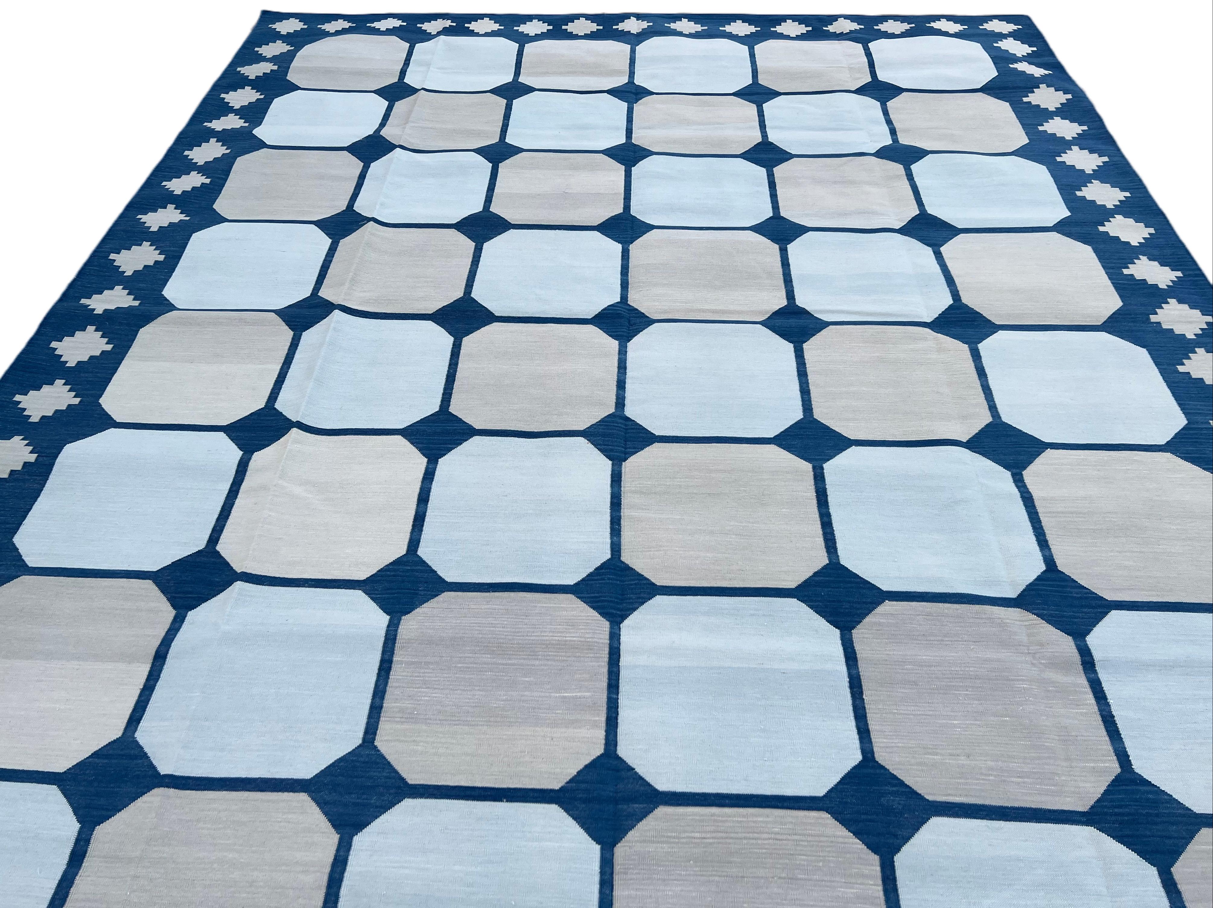 Handmade Cotton Area Flat Weave Rug, Blue & Beige Geometric Tile Indian Dhurrie For Sale 1