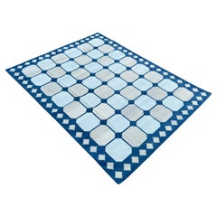 Handmade Cotton Area Flat Weave Rug, Blue & Beige Geometric Tile Indian Dhurrie