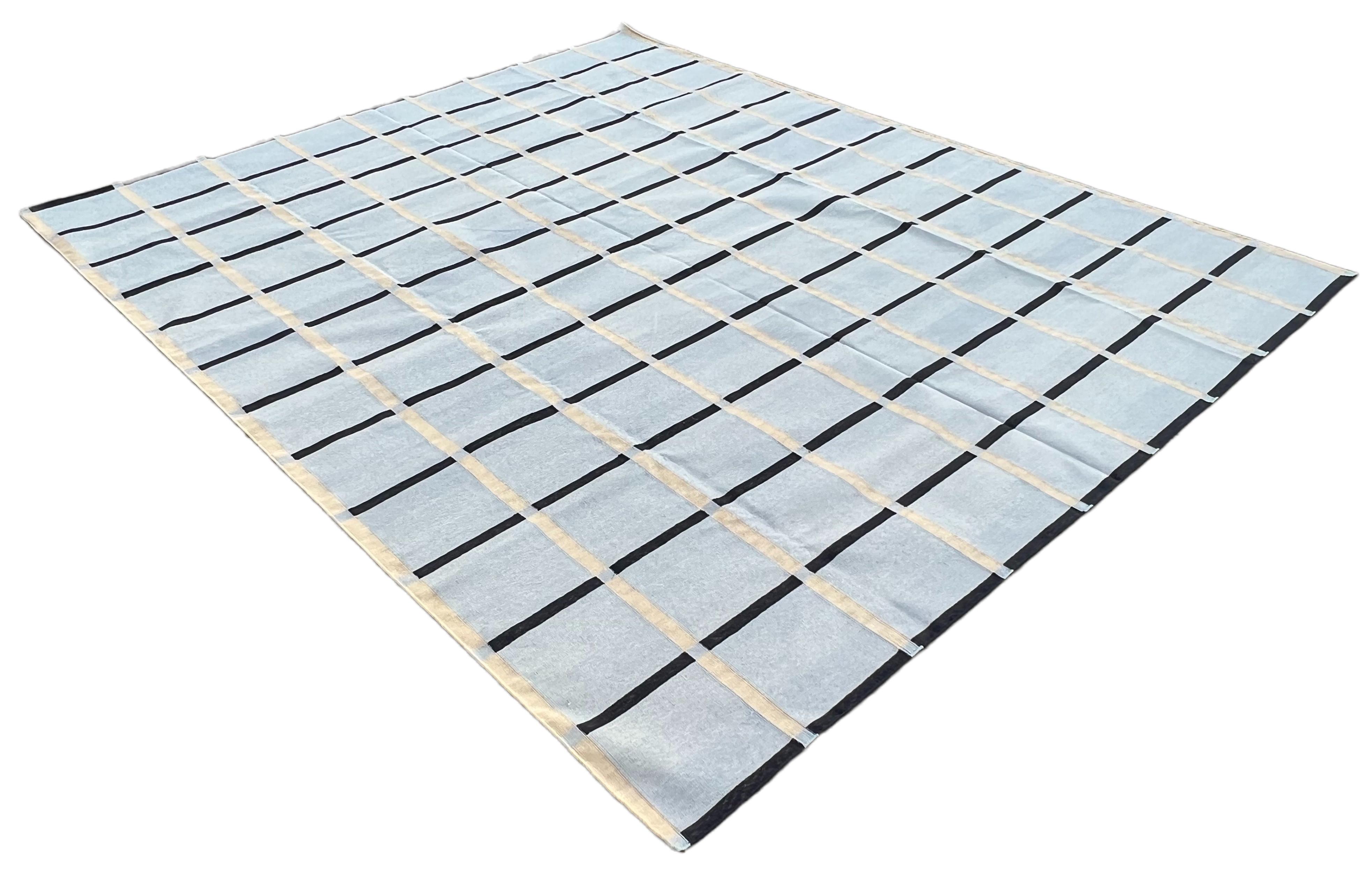Cotton Vegetable Dyed Area Rug, Sky Blue, Black & Beige Windowpane Checked Indian Rug-8'x10'
These special flat-weave dhurries are hand-woven with 15 ply 100% cotton yarn. Due to the special manufacturing techniques used to create our rugs, the size