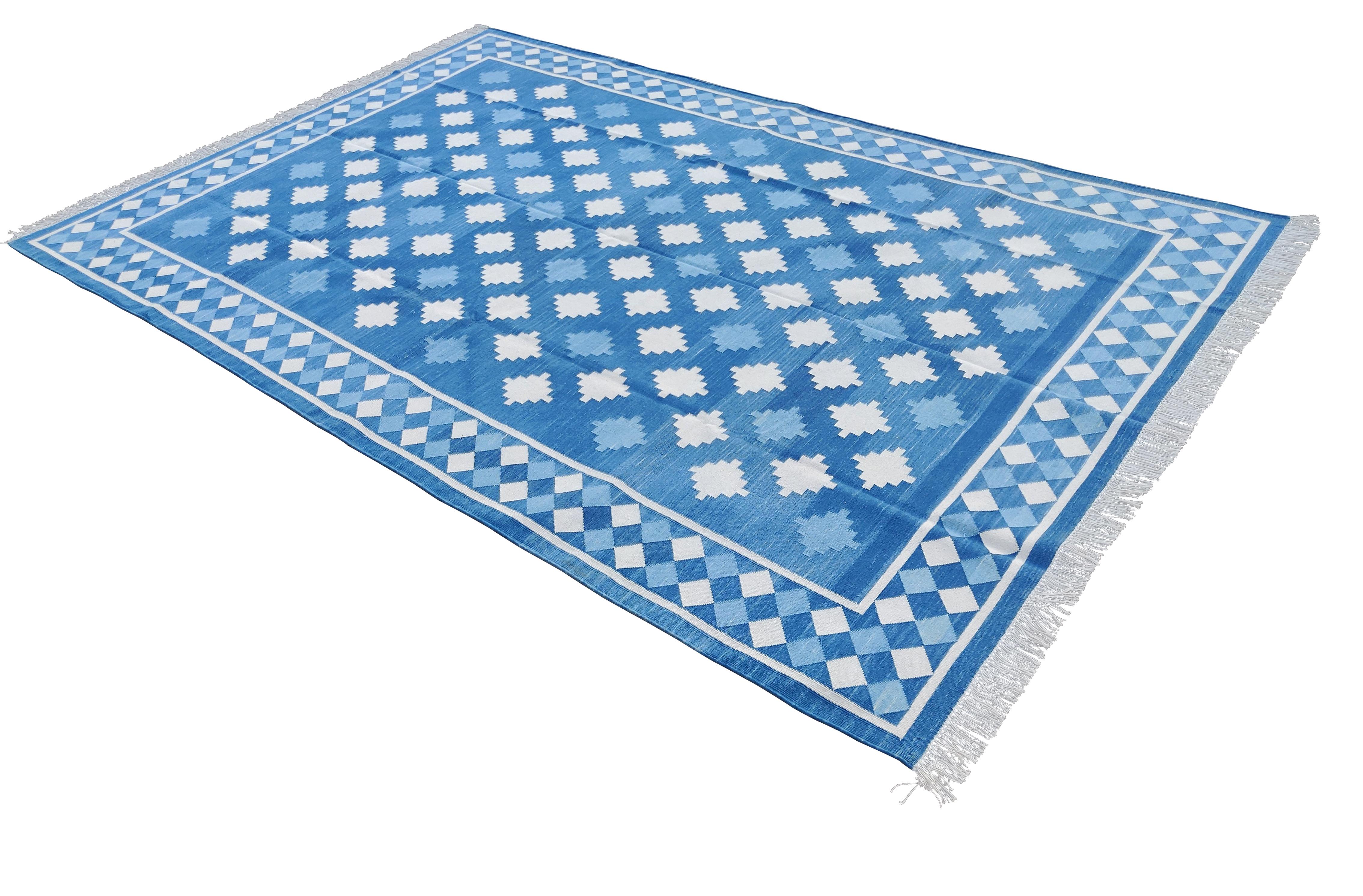 Handmade Cotton Area Flat Weave Rug, Blue & Cream Indian Star Indian Dhurrie Rug For Sale 4